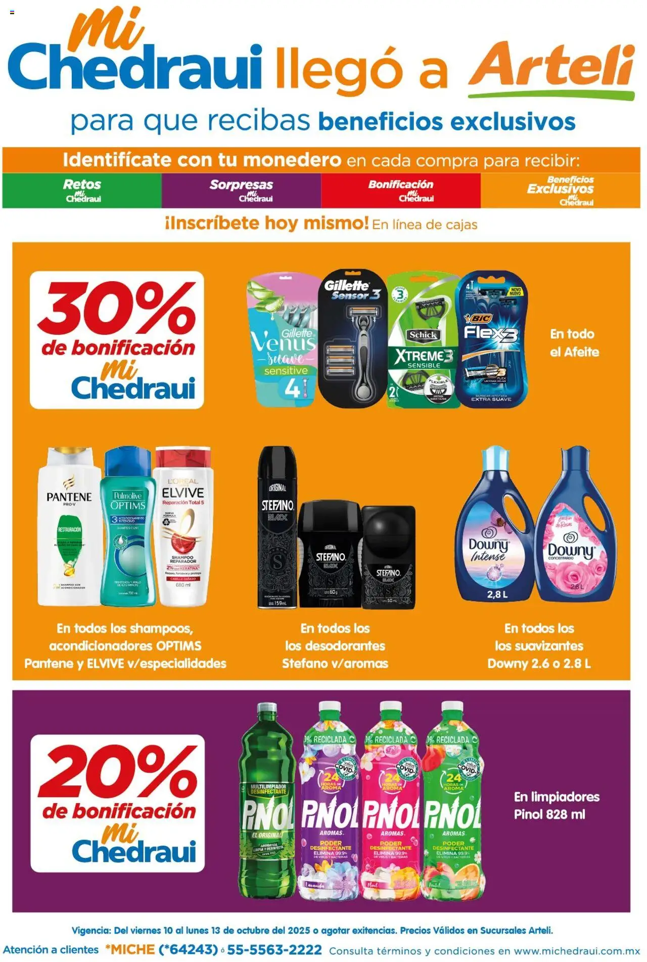 Folleto MiChedraui Arteli y sus promociones válidas desde el 10/10/2025 - Número de página 1 - Shampoo, Monedero, Desinfectante, Flexible