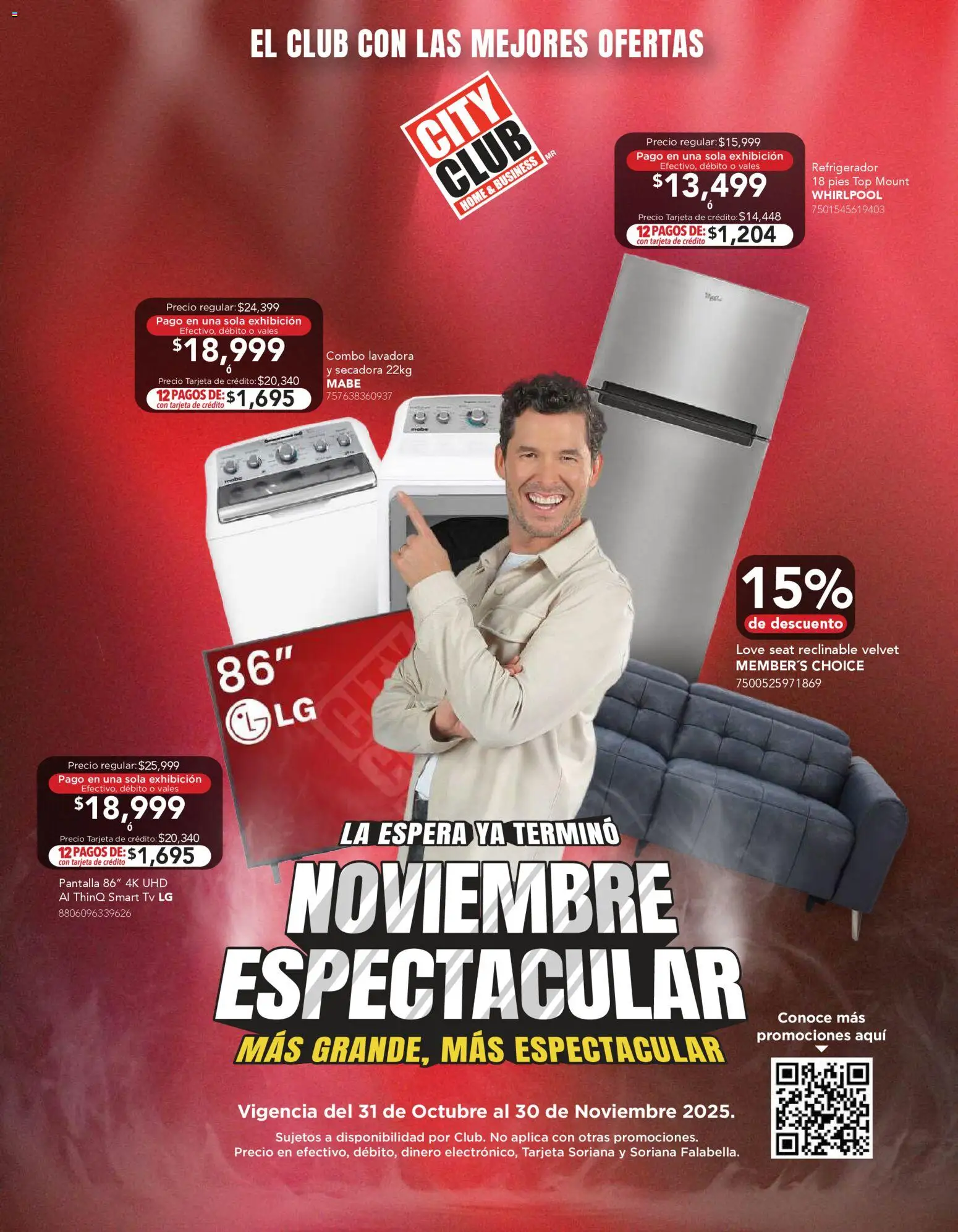 Vista previa las ofertas de la tienda City Club - Buen Fin desde el 31/10/2025 - Refrigerador, Lavadora, Top, Secadora