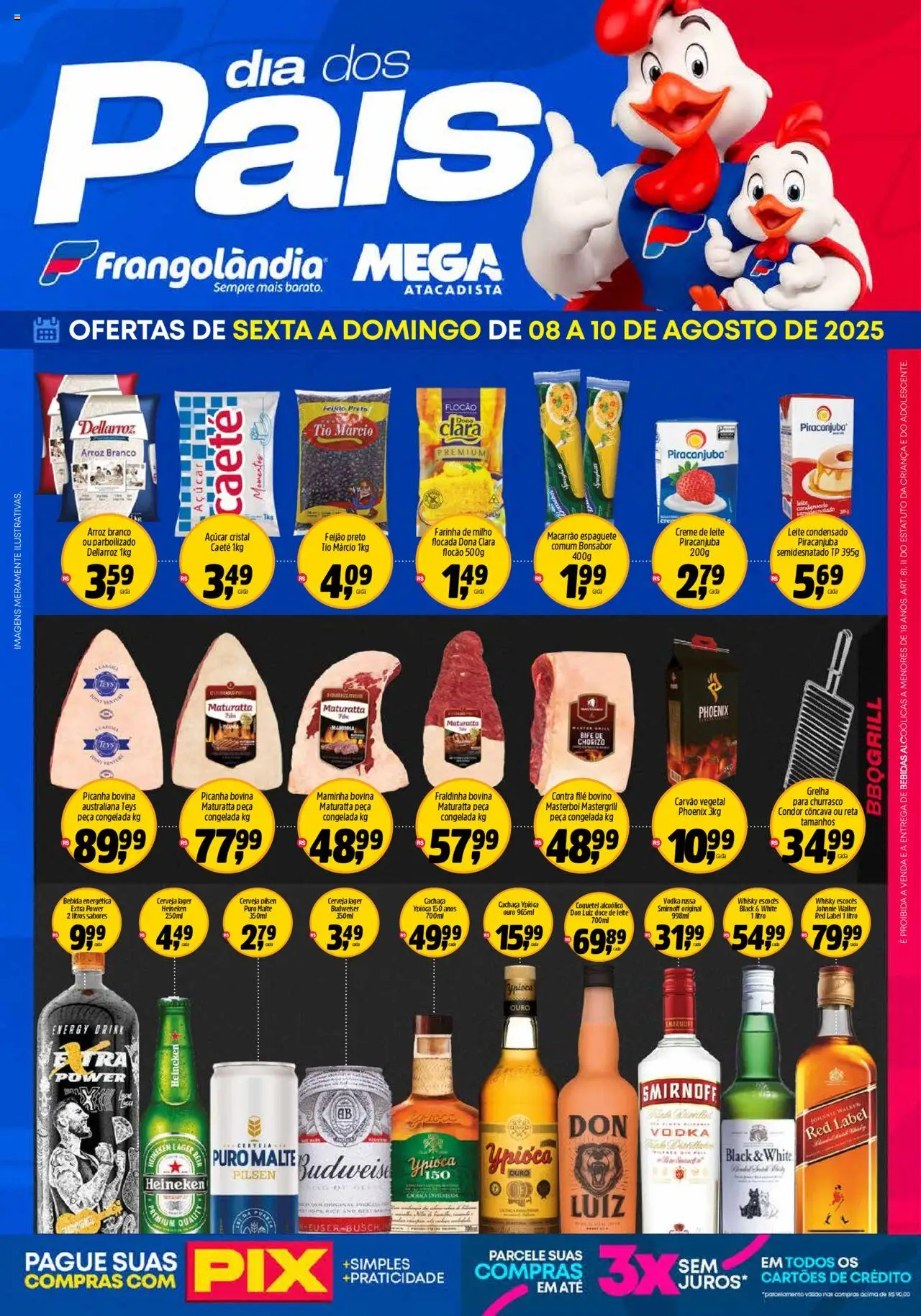 Frangolândia folheto "Ofertas FDS" válido a partir de 08/08/2025 - número de página 1 - Macarrão, Arroz, Vodka, Bebida, Cachaça, Farinha, Maminha, Açúcar cristal