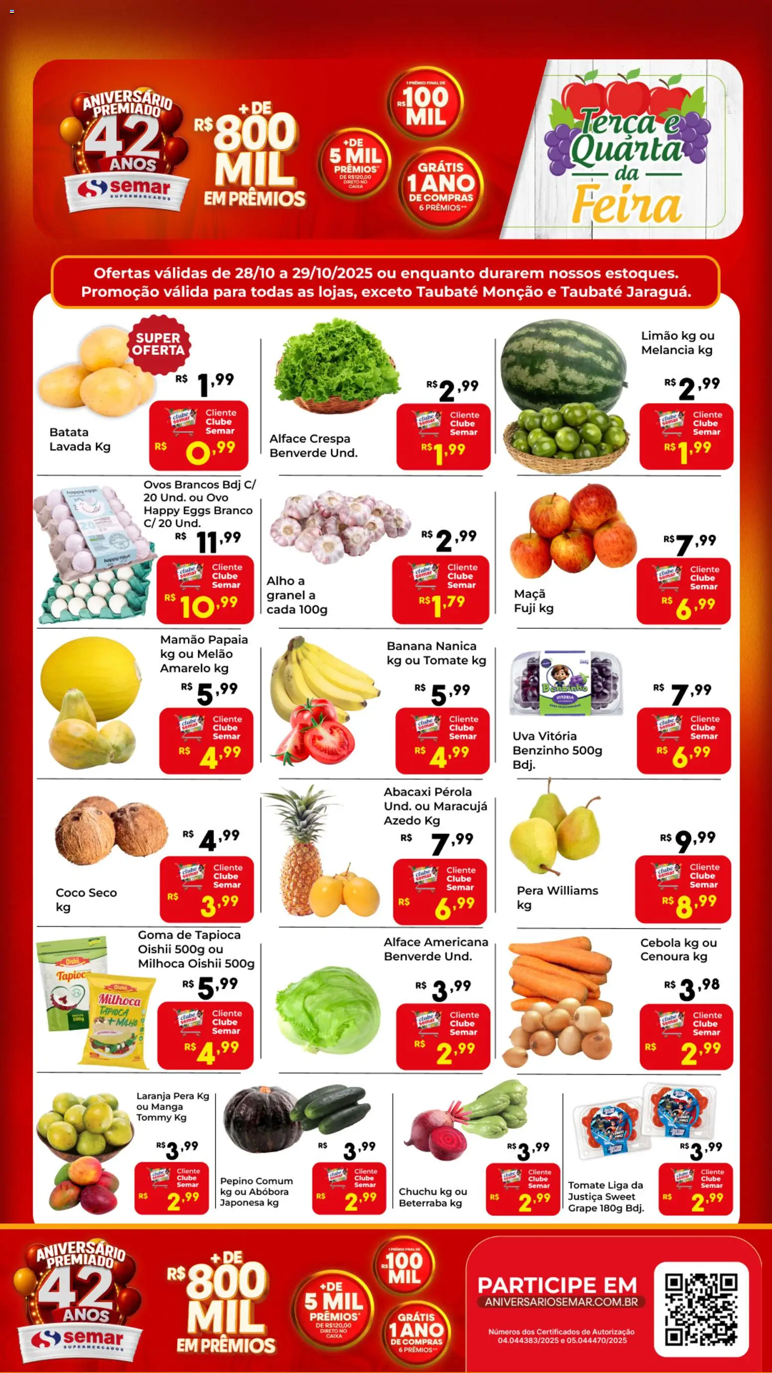 Pré-Visualização do folheto "Ofertas Feira" da loja Semar Supermercado válido a partir de 28/10/2025 - Manga, Melancia, Uva, Maracujá, Pera, Beterraba, Cebola, Alho