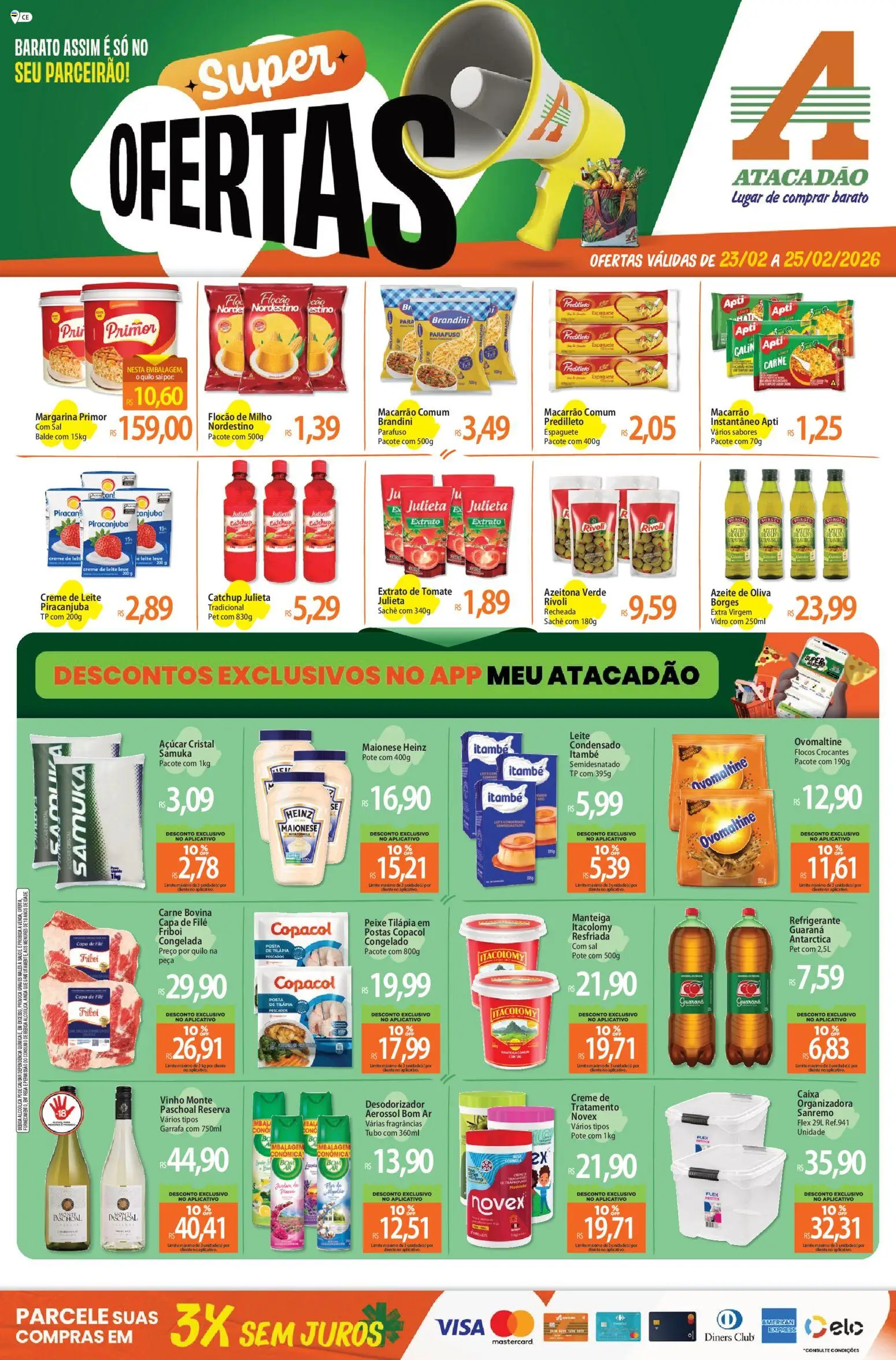 Pré-Visualização do folheto "Ofertas - CE" da loja Atacadão válido a partir de 23/02/2026 - Vinho, Bebida, Refrigerante, Azeite de oliva, Pó, Guaraná, Carne bovina, Extrato de tomate