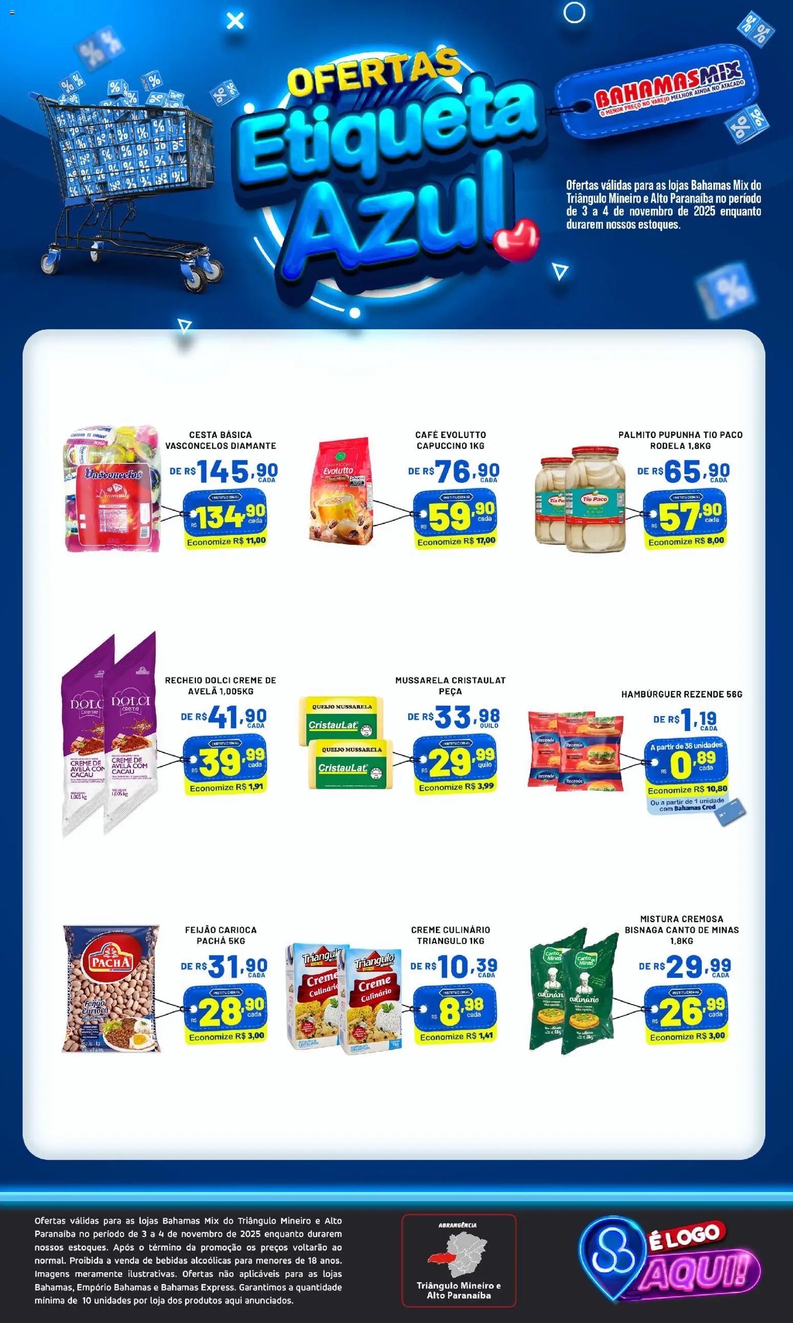 Pré-Visualização do folheto "Ofertas Etiqueta Azul" da loja Bahamas Mix válido a partir de 03/11/2025 - Café, Hambúrguer, Bebidas, Palmito, Creme, Pupunha, Avelã, Creme de avelã