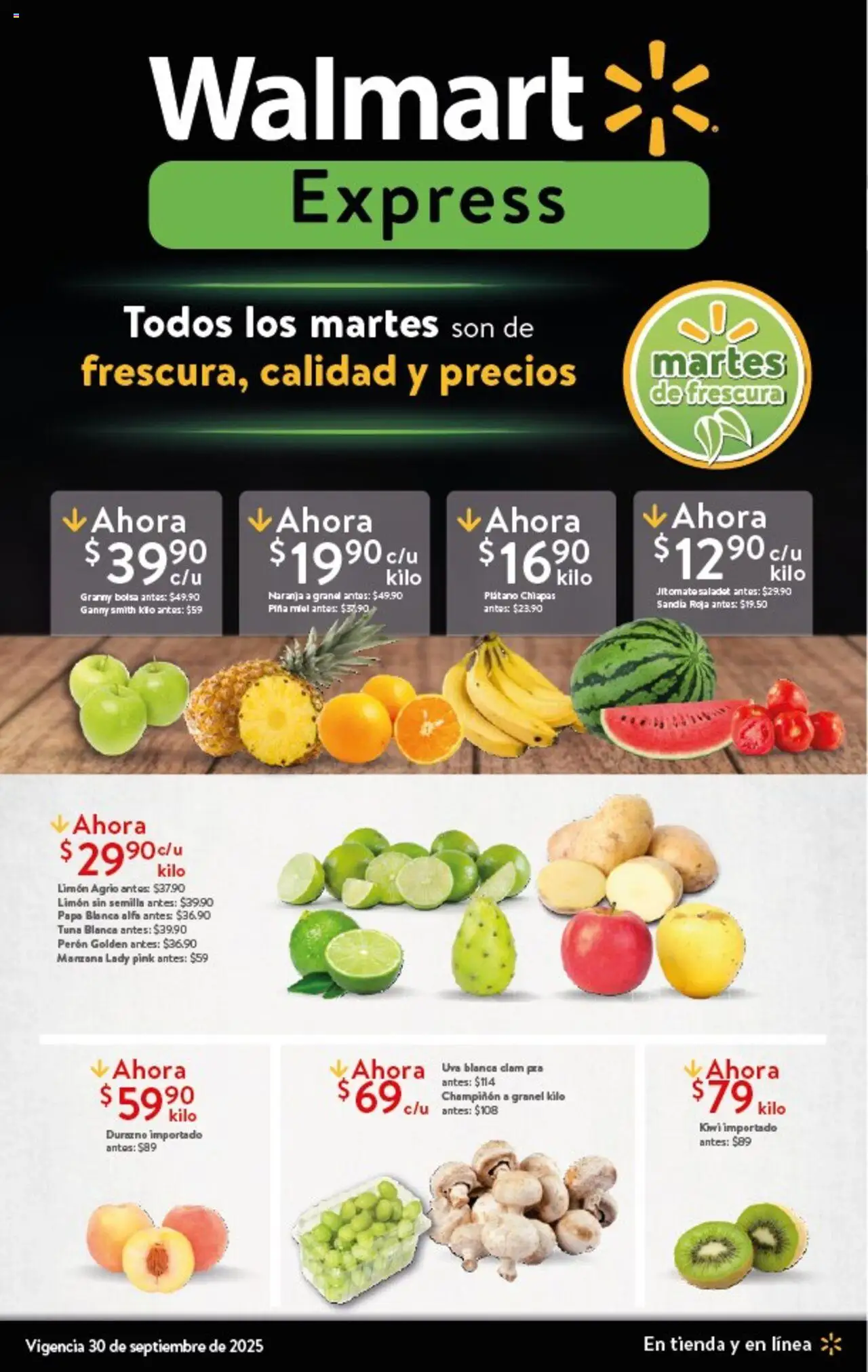 Folleto Precios Bajos Walmart Express y sus promociones válidas desde el 30/09/2025 - Número de página 1 - Plátano, Sandía, Limón, Kiwi, Uva, Durazno, Piña, Miel