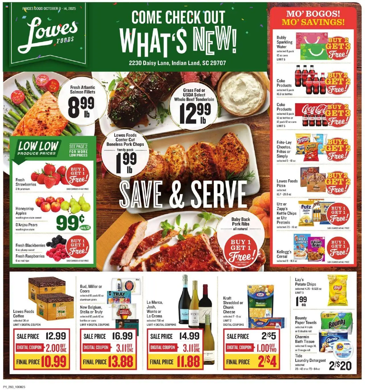 Ad Preview of Lowes Foods Ad from 10/08/2025 - Coffee, Water, Strawberries, Salmon, Raspberries, Paper towels, Detergent, Pork ribs