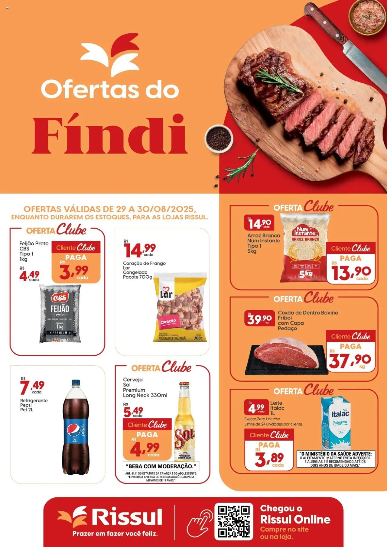 Rissul folheto "Ofertas do Fíndi" válido a partir de 29/08/2025 - número de página 1 - Cerveja, Bebidas, Arroz, Feijão, Frango, Refrigerante, Pepsi, Coração de frango