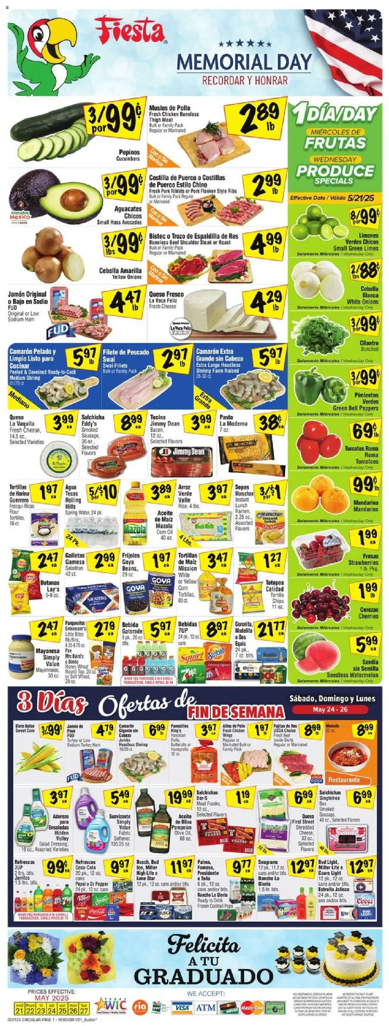 Fiesta Mart Weekly Ad from 05/21/2025 - Flyer - Page number 1 - Turkey, Chicken, Pork, Tomatoes, Chips, Shorts, Flour, Steak