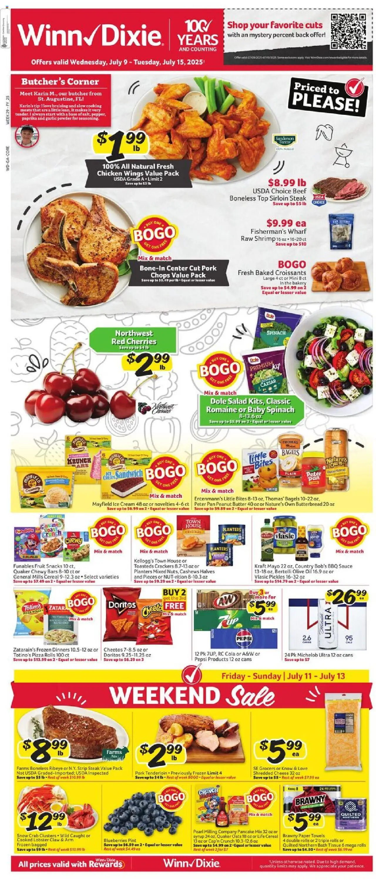 Winn Dixie Weekly Circular - GA from 07/09/2025 - Flyer - Page number 1 - Romaine, Bath, Powder, Oil, Olive oil, Cream, Ice, Baby spinach