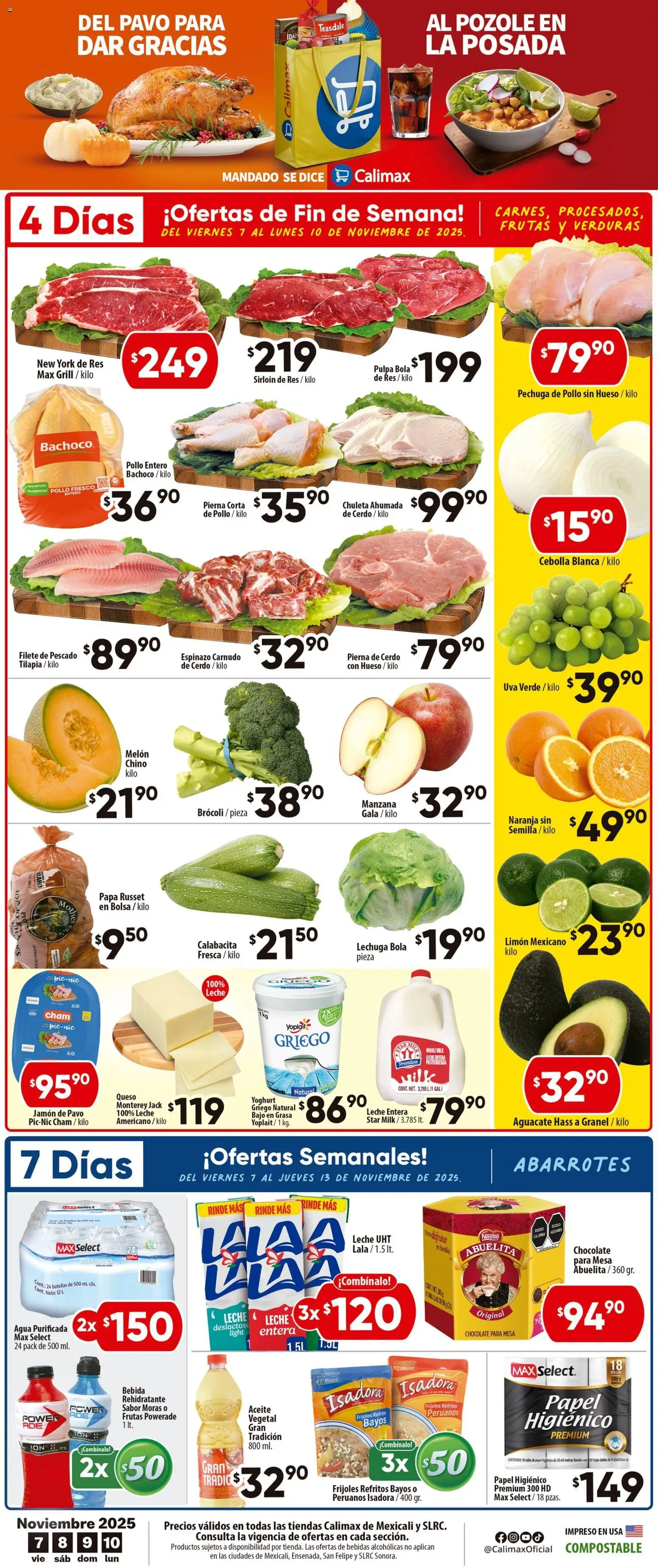 Vista previa las ofertas de la tienda Calimax - Folleto desde el 07/11/2025 - Agua, Aguacate, Queso, Uva, Pavo, Jamón, Chuleta, Filete