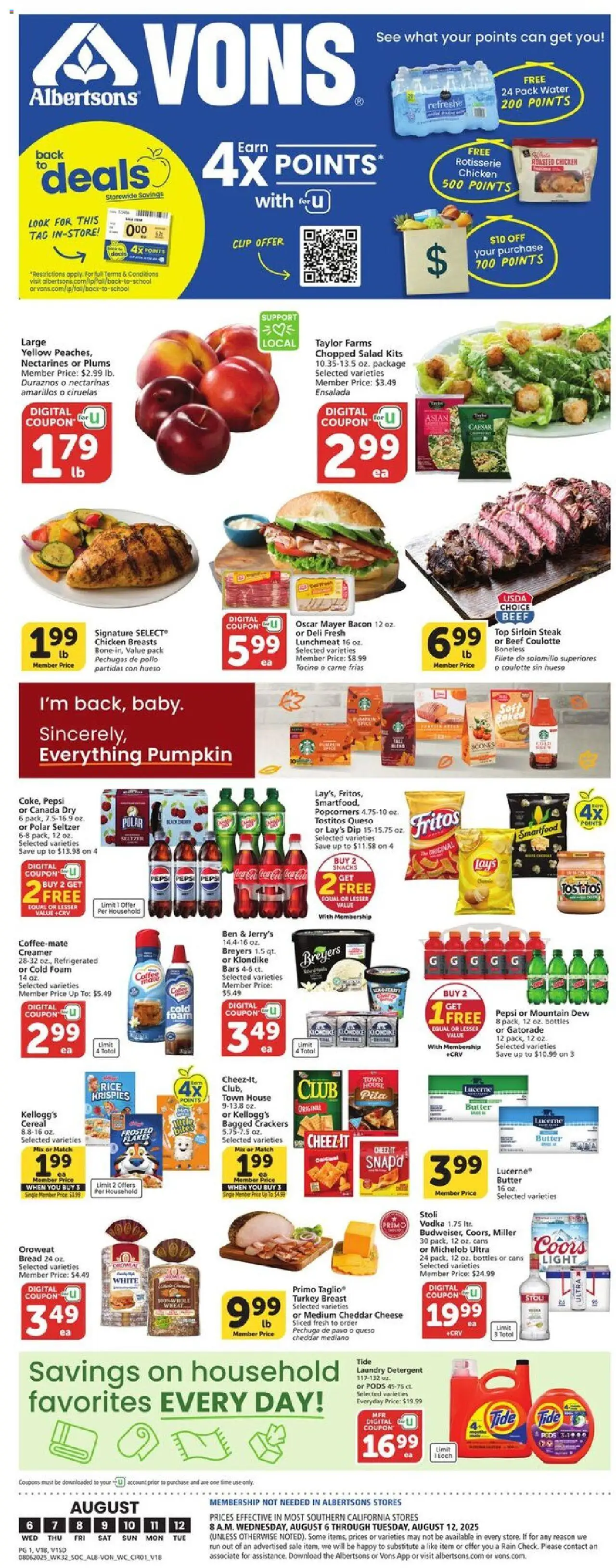 Vons Weekly Ad from 08/06/2025 - Flyer - Page number 1 - Water, Snacks, Cereal, Butter, Plums, Beef, Detergent, Flakes