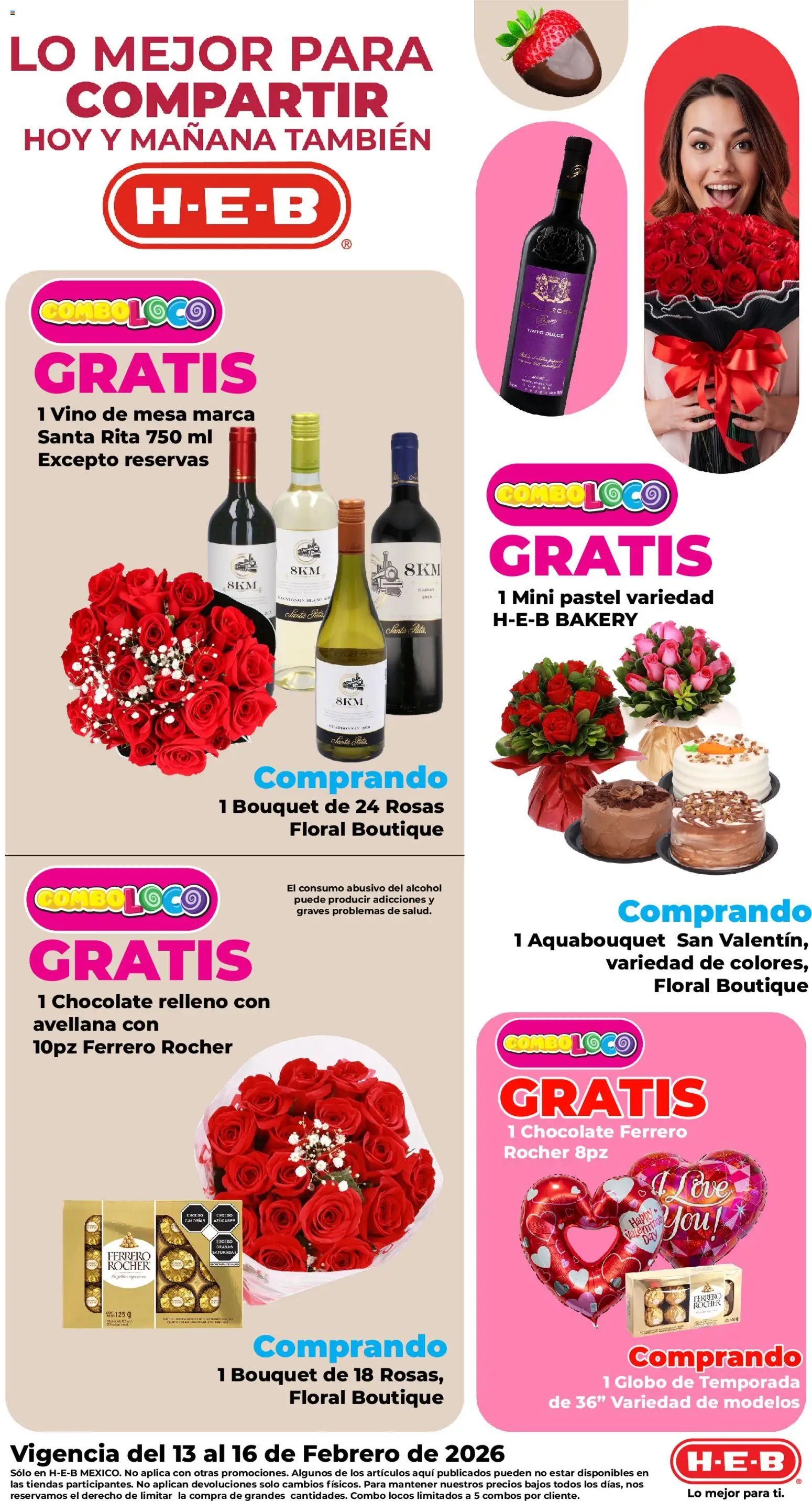 Vista previa las ofertas de la tienda H-E-B - Folleto desde el 13/02/2026 - Chocolate, Pastel, Dulce, Alcohol, Ferrero Rocher, Mesa, Vino