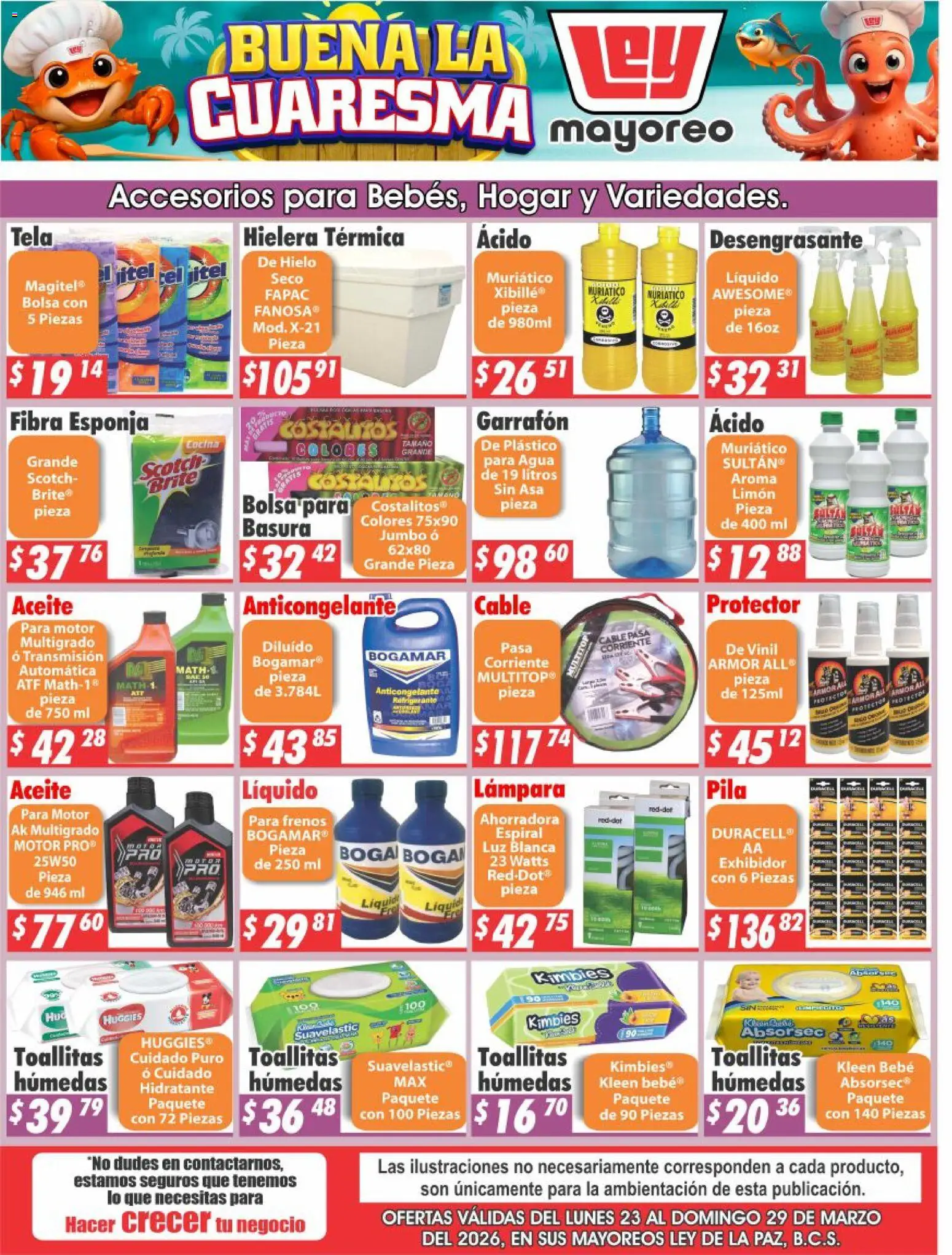 Vista previa las ofertas de la tienda Casa Ley - Casa Ley folleto La Paz desde el 23/03/2026 - Agua, Lámpara, Hielera, Toallitas húmedas, Esponja, Hielo, Pila, Cable