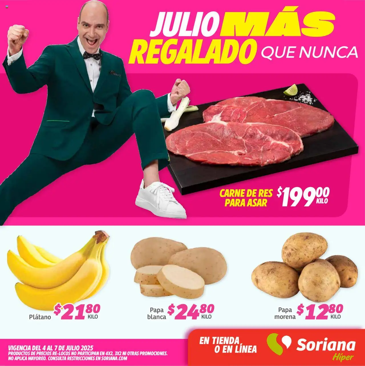 Fin de Semana Híper: Tijuana, Mexicali, Ensenada, San Luis Río Colorado y Tecate Soriana y sus promociones válidas desde el 04/07/2025 - Número de página 1 - Plátano, Papa, Steak, Res, Carne, Carne de res