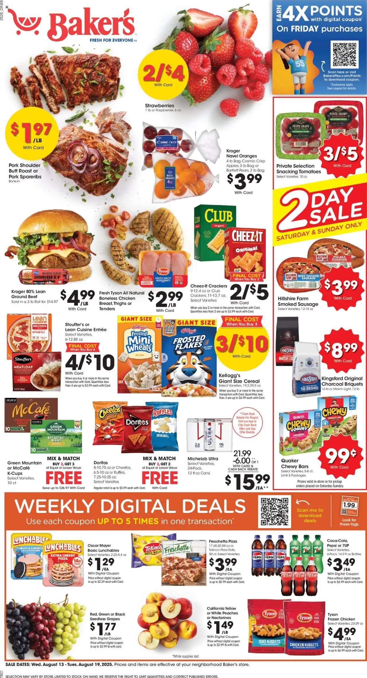 Baker's Weekly Ad - NE from 08/13/2025 - Flyer - Page number 1 - Pizza, Strawberries, Peaches, Protein, Grapes, Charcoal, Ground beef, Chicken breasts