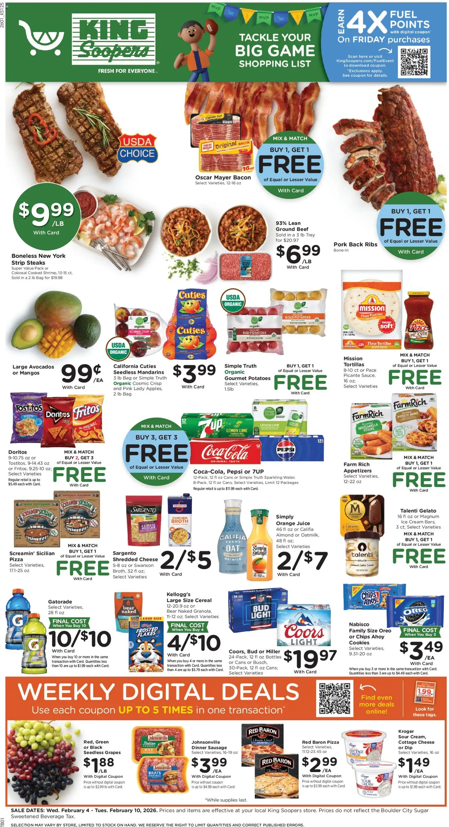 Ad Preview of King Soopers Weekly Ad from 02/04/2026 - Game, Chips, Cottage cheese, Sugar, Grapes, Mandarins, Mozzarella, Seedless grapes