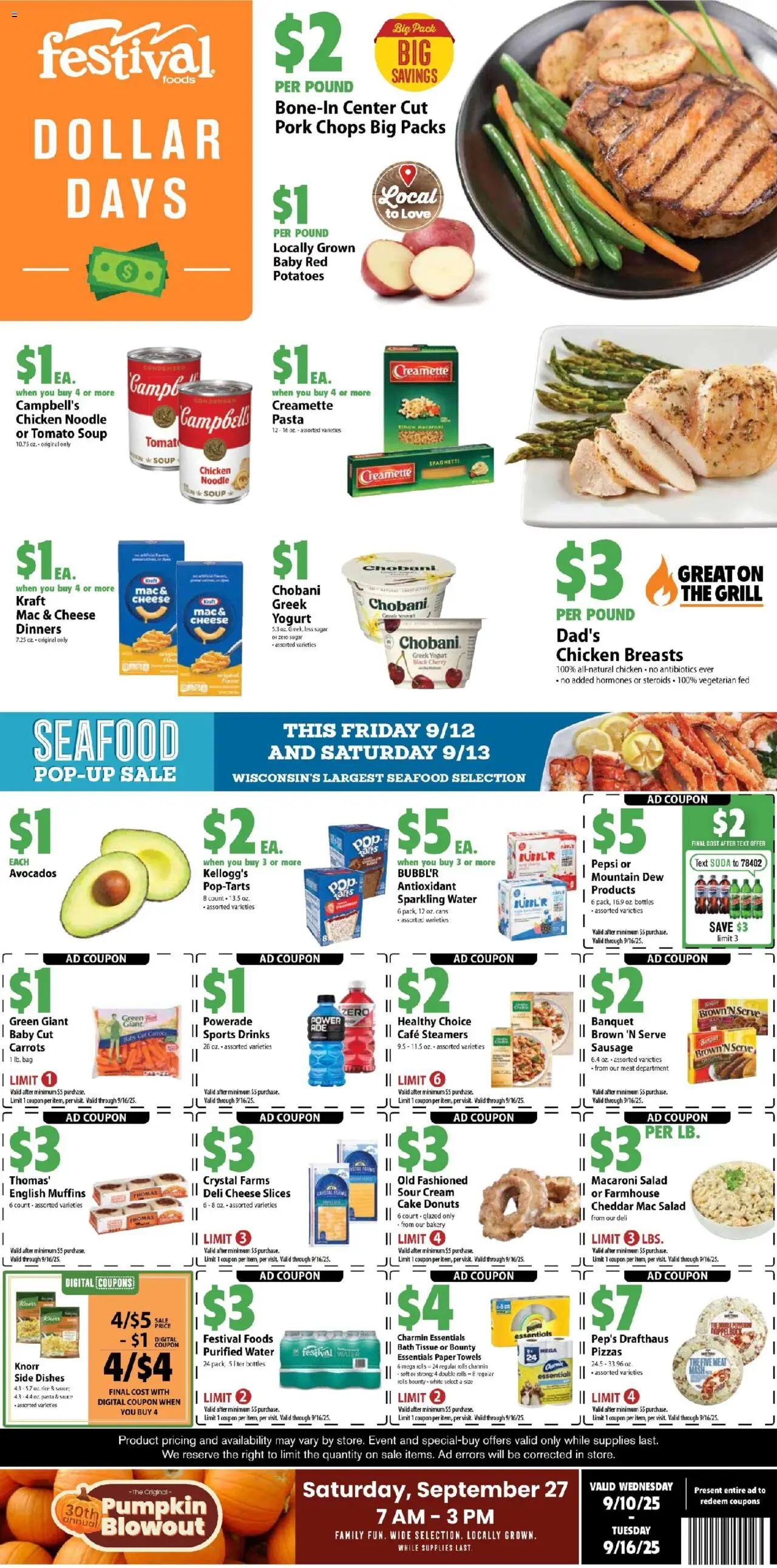 Ad Preview of Festival Foods Weekly Ad from 09/10/2025 - Water, Salad, Potatoes, Pumpkin, Rice, Pepsi, Sugar, Muffins