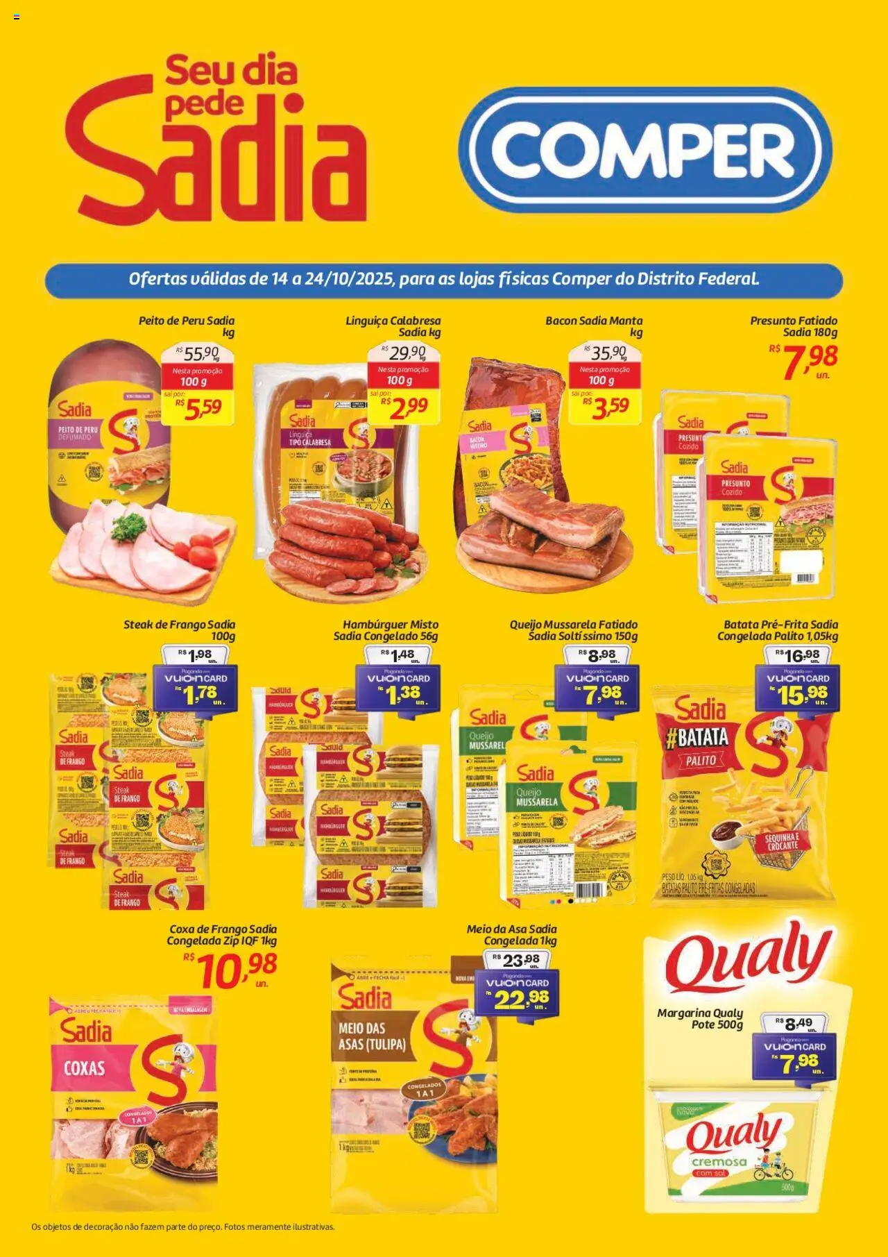 Comper folheto "Ofertas Sadia e Perdigão" válido a partir de 14/10/2025 - número de página 1 - Hambúrguer, Queijo, Batata, Frango, Mussarela, Pó, Linguiça, Margarina