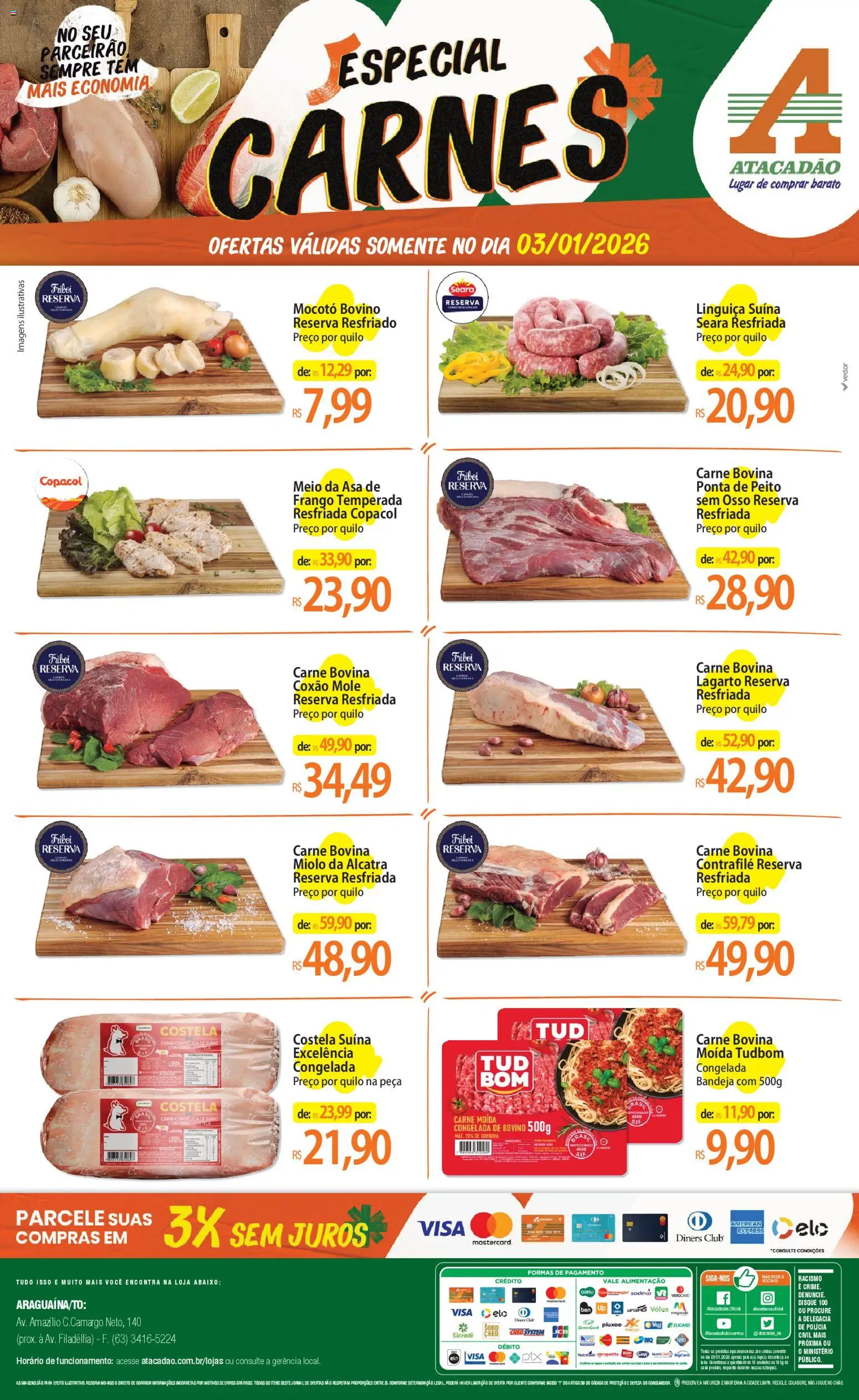 Pré-Visualização do folheto "Ofertas - TO" da loja Atacadão válido a partir de 03/01/2026 - Carne, Frango, Carne moída, Linguiça, Alcatra, Bandeja, Carne bovina, Lápis