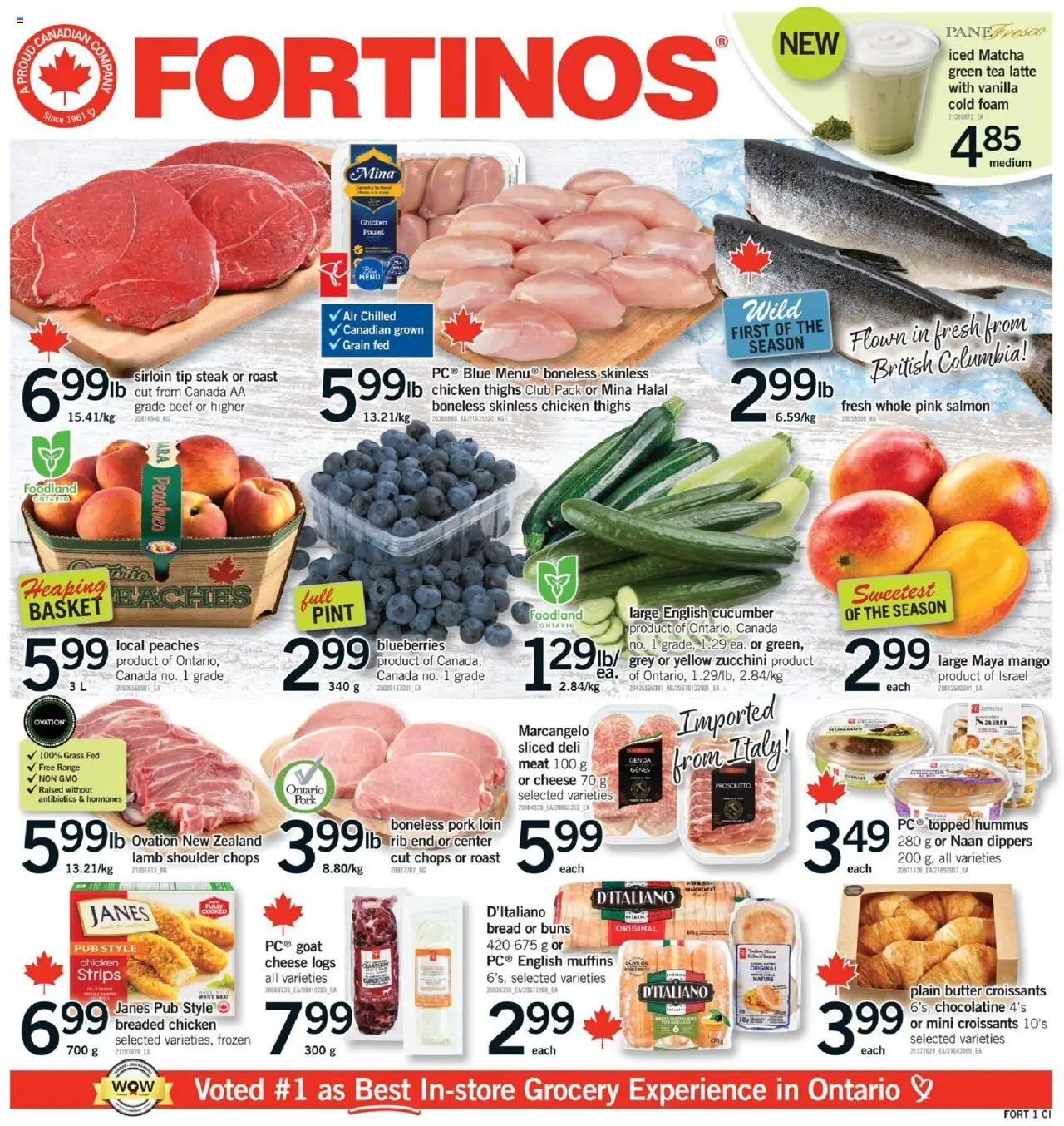 Fortinos flyer valid from Jul 24, 2025 - page number 1 - Tea, Peaches, Mango, Steak, Matcha, Chicken strips, Cucumber, Butter