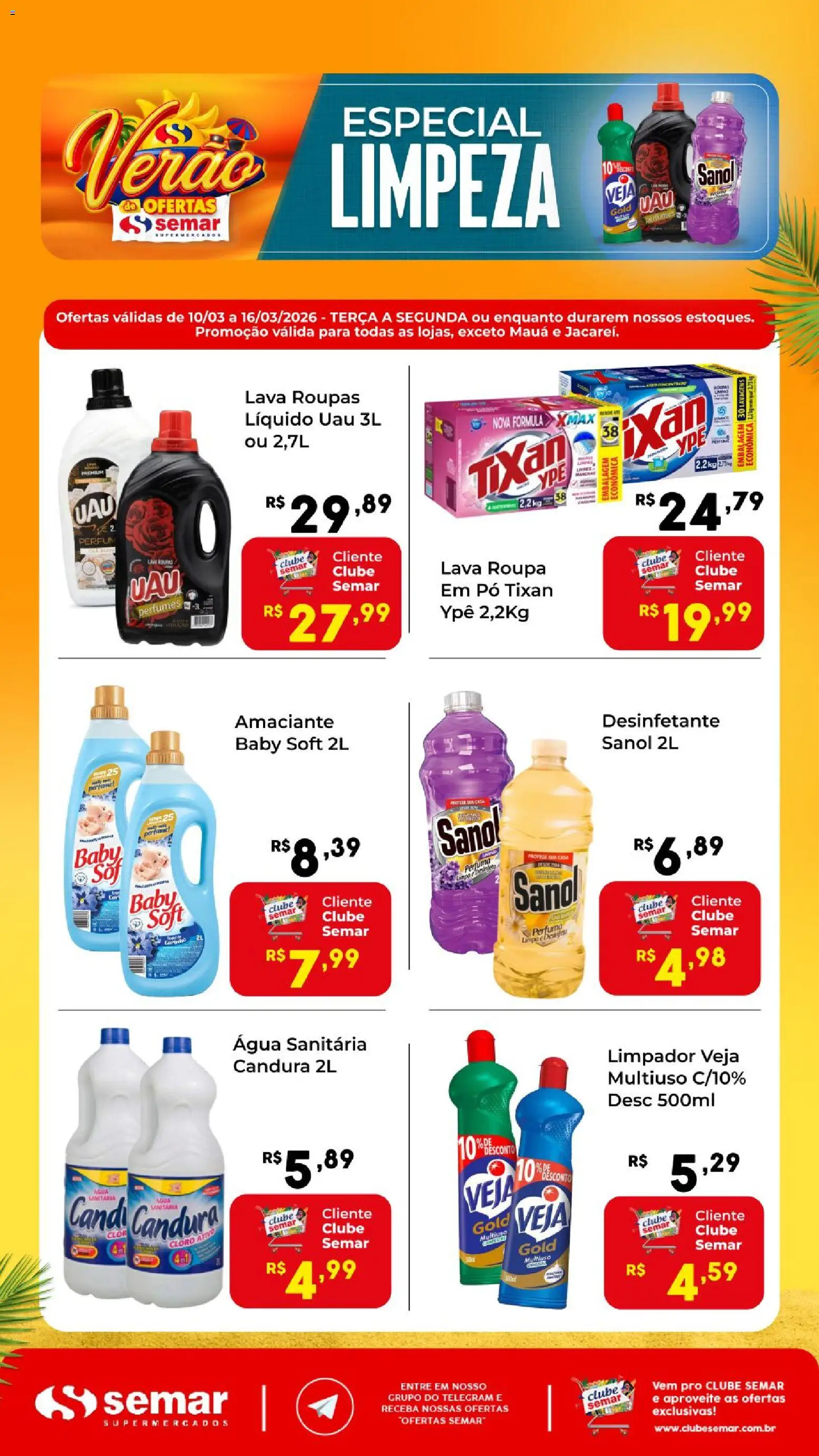 Pré-Visualização do folheto "Semar Supermercado ofertas Especial Limpeza" da loja Semar Supermercado válido a partir de 10/03/2026 - Perfumes, Água, Roupas, Desinfetante, Amaciante, Pó, Água sanitária, Cloro