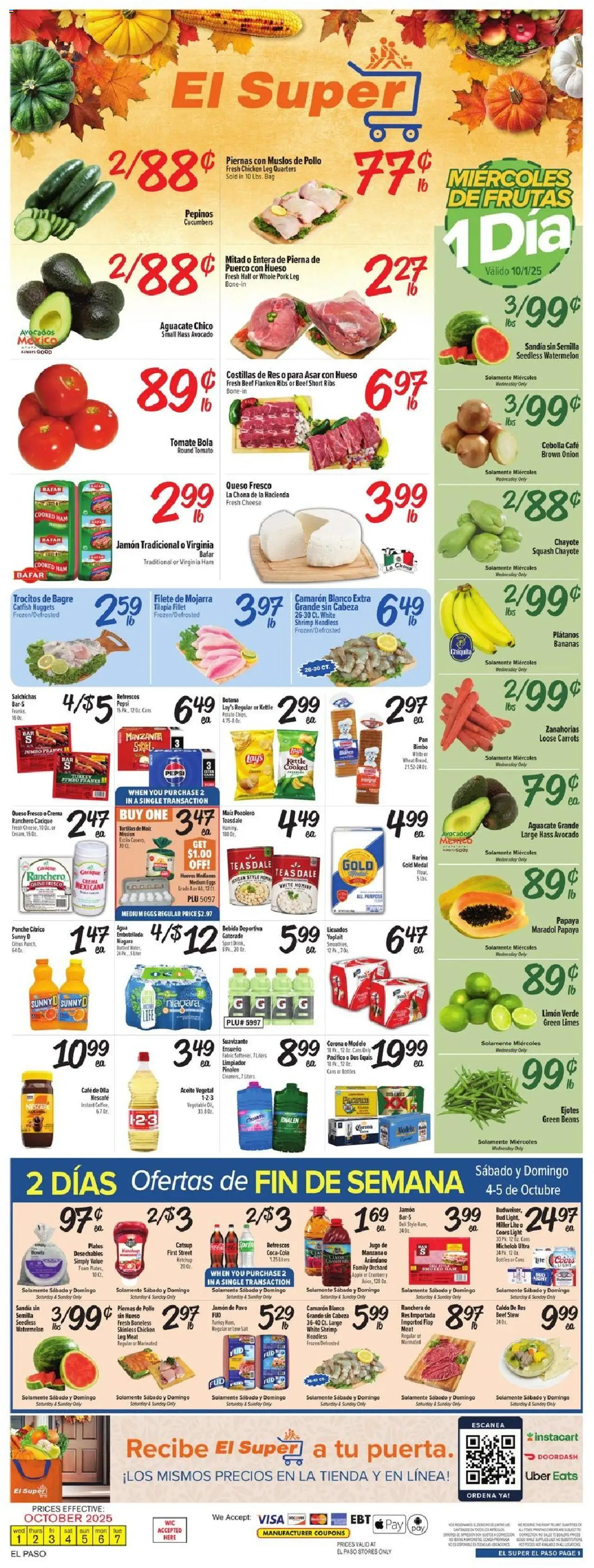 El Super Weekly Ad - TX from 10/01/2025 - Flyer - Page number 1 - Eggs, Watermelon, Cucumbers, Tortillas, Bag, Pork, Kettle, Medium eggs