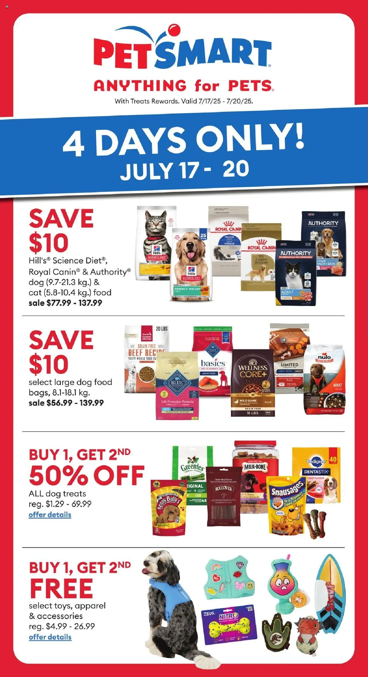 Petsmart flyer valid from Jul 17, 2025 - page number 1 - Beef, Salmon, Game, Dog food, Blanket, Food