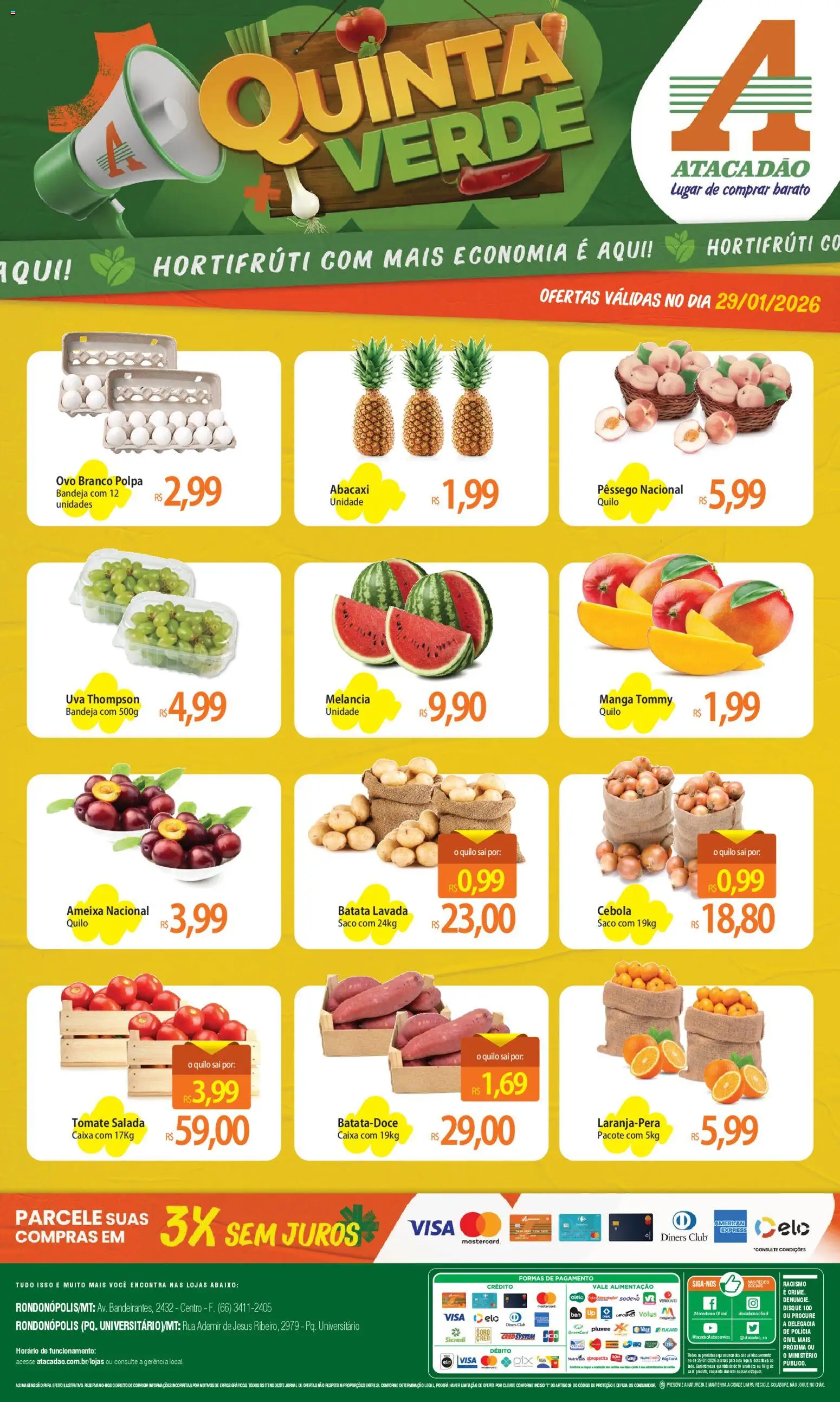 Pré-Visualização do folheto "Ofertas - MT" da loja Atacadão válido a partir de 29/01/2026 - Melancia, Uva, Abacaxi, Batata, Tomate, Salada, Cebola, Bandeja