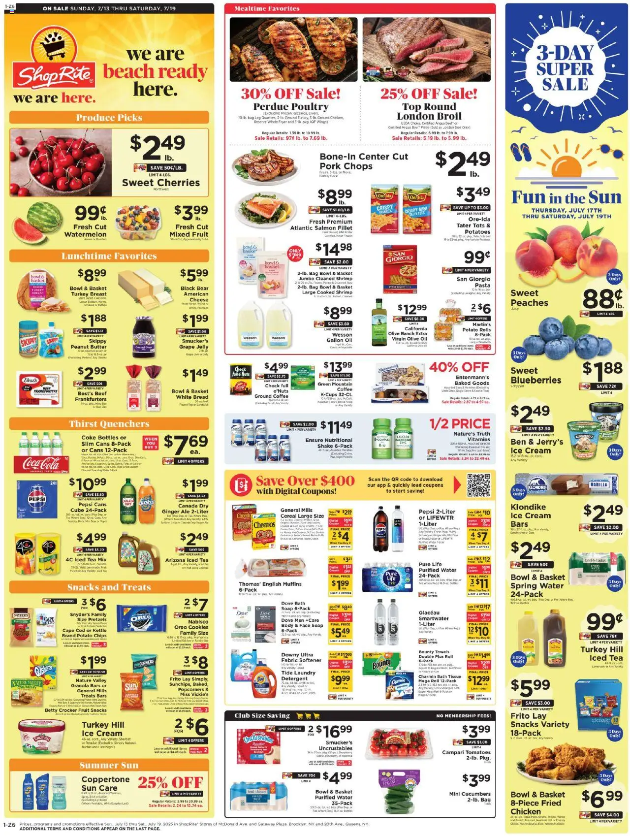 ShopRite Circular from 07/13/2025 >> Weekly Ad, flyer - Page number 1 - Potato chips, Fabric softener, Cream, Cereal, Pepsi, Salmon fillet, Iced tea, Kettle