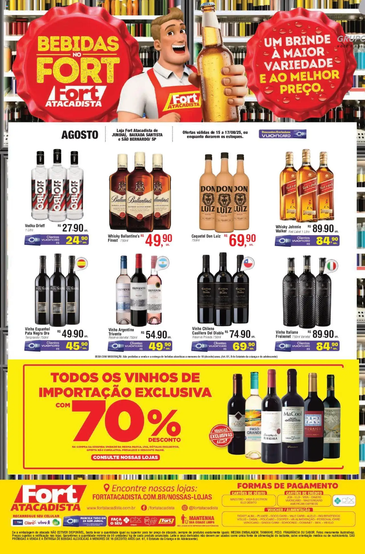 Fort Atacadista folheto "Ofertas Bebidas" válido a partir de 15/08/2025 - número de página 1 - Celular, Whisky, Vinho, Bebidas, Leite, Fragrância, Ballantine’s, Faca