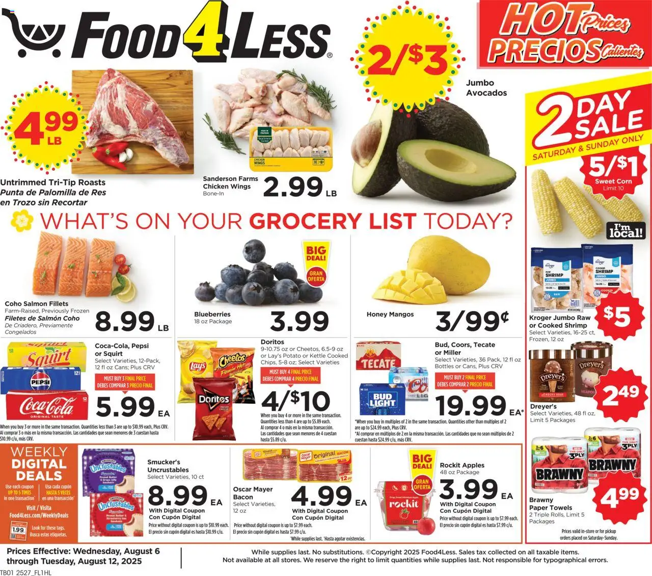 Food 4 Less Weekly Ad from 08/06/2025 - Flyer - Page number 1 - Honey, Salmon, Chicken wings, Blueberries, Corn, Pepsi, Bacon, Kettle