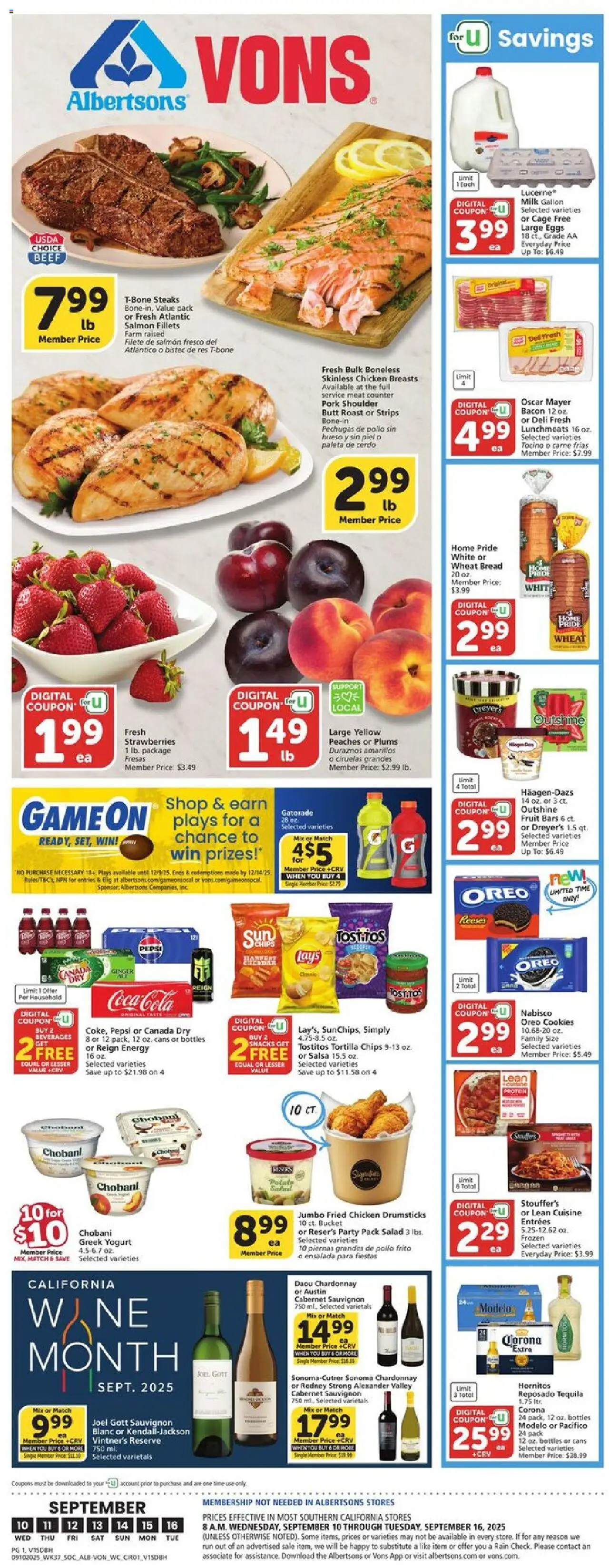 Ad Preview of Vons Weekly Ad from 09/10/2025 - Eggs, Tequila, Chips, Salmon, Yogurt, Tortilla chips, Pork shoulder, Beverages
