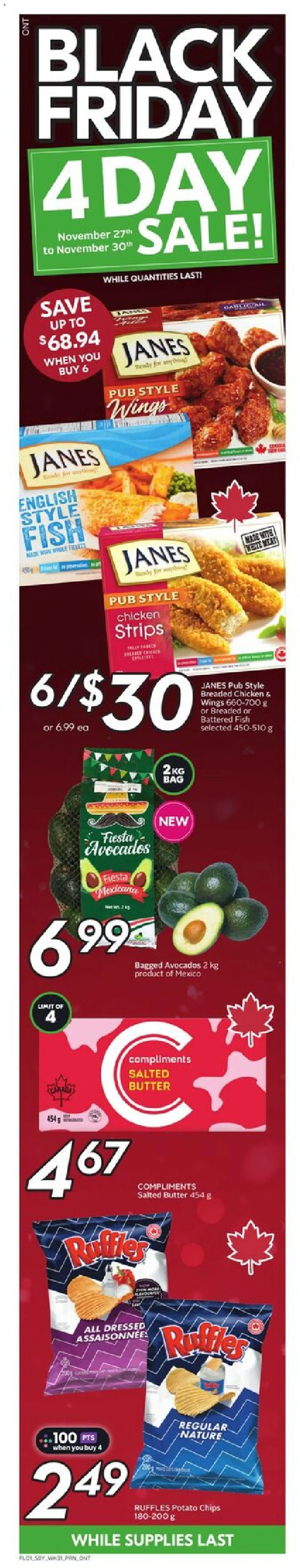 Preview of leaflet Weekly Flyer - ON from shop Sobeys is valid from Nov 27, 2025 - Chicken, Fish, Chips, Butter, Strips, Chicken strips