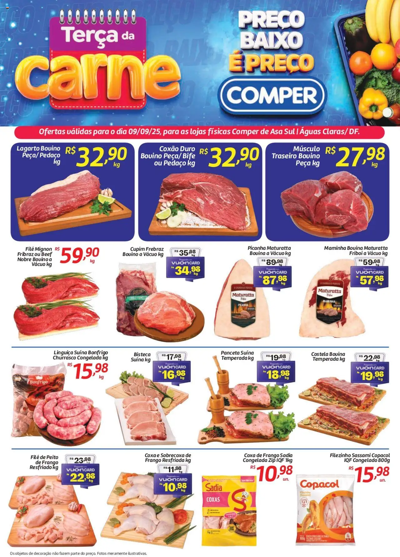 Comper folheto "Ofertas Terça da Carne" válido a partir de 09/09/2025 - número de página 1 - Picanha, Frango, Baixo, Linguiça, Maminha, Costela bovina, Coxão duro, Músculo bovino