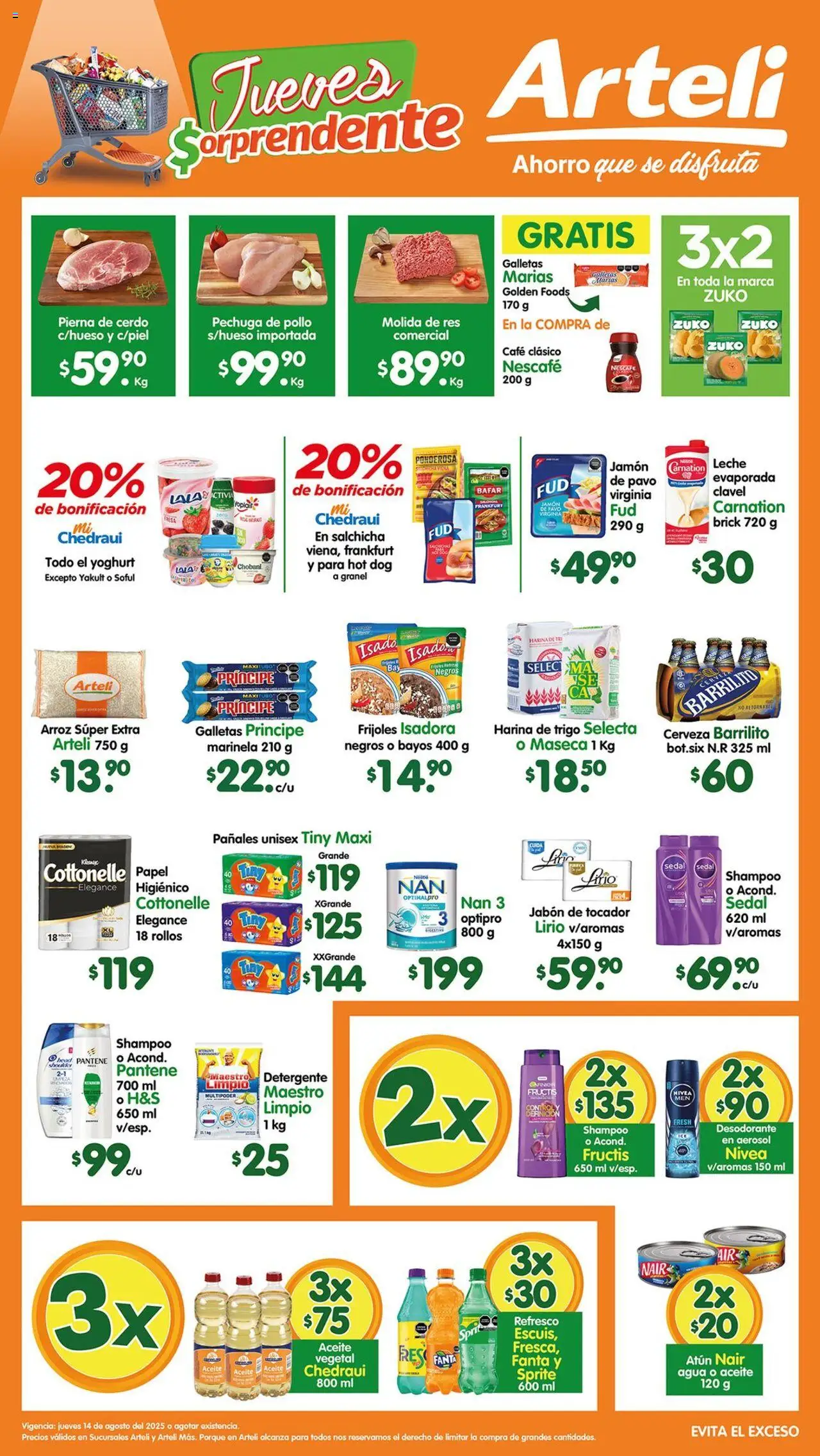 Folleto Tuxpan Arteli y sus promociones válidas desde el 14/08/2025 - Número de página 1 - Agua, Pollo, Shampoo, Arroz, Refresco, Cerdo, Pañales, Aceite vegetal