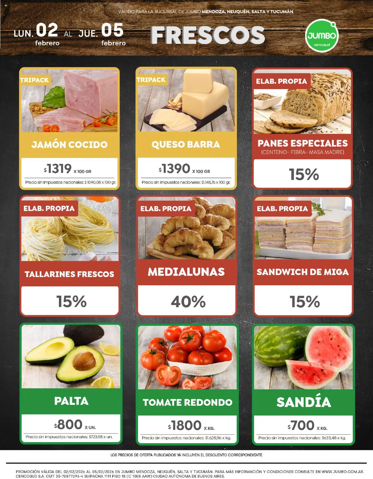 Vista previa del folleto de la tienda Jumbo válido desde el 02/02/2026 - Queso, Tomate, Palta, Sandía, Masa, Jamón cocido, Jamón