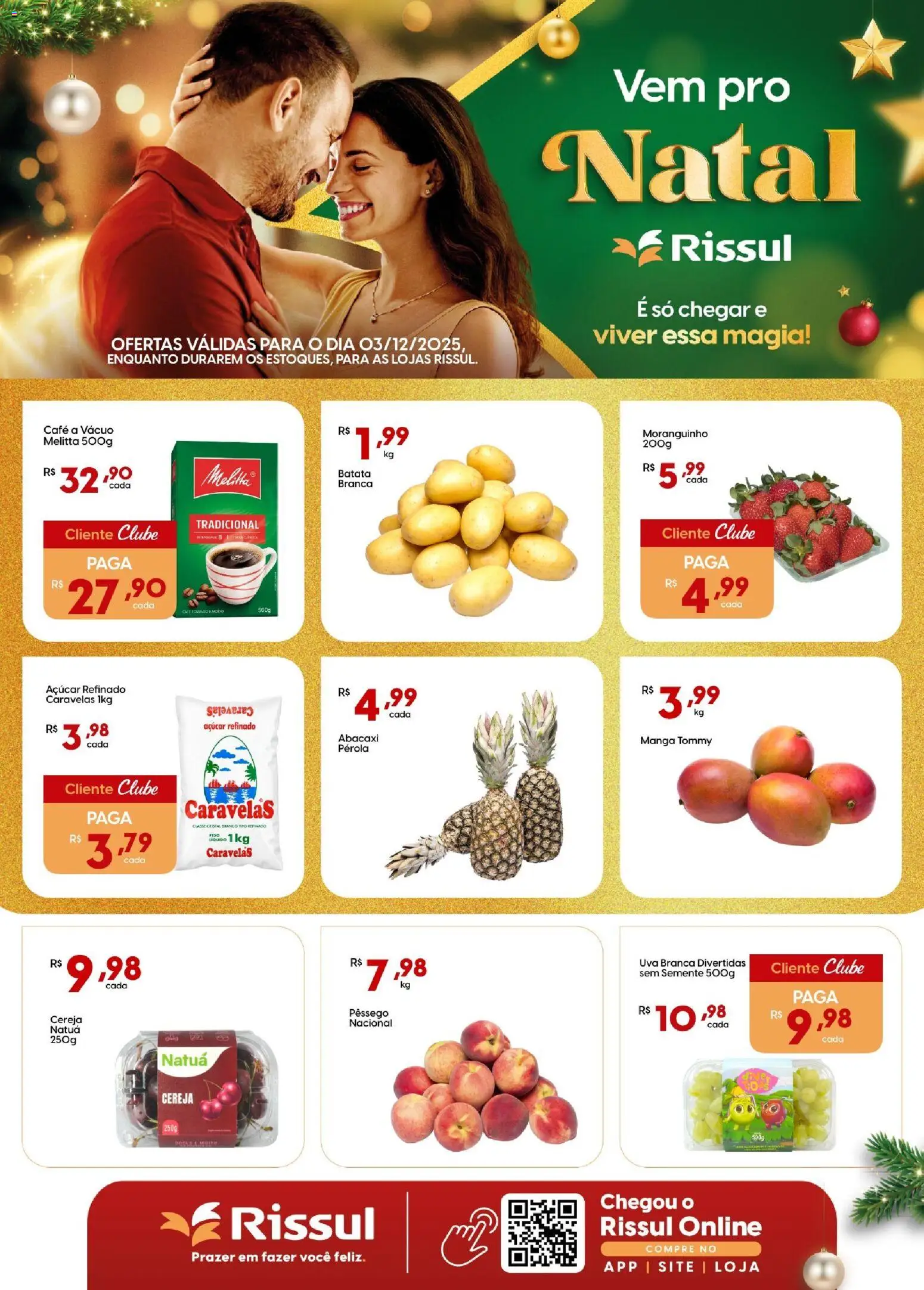 Pré-Visualização do folheto "Ofertas do Horti" da loja Rissul válido a partir de 03/12/2025 - Café, Manga, Uva, Abacaxi, Batata, Pêssego, Açúcar, Cereja