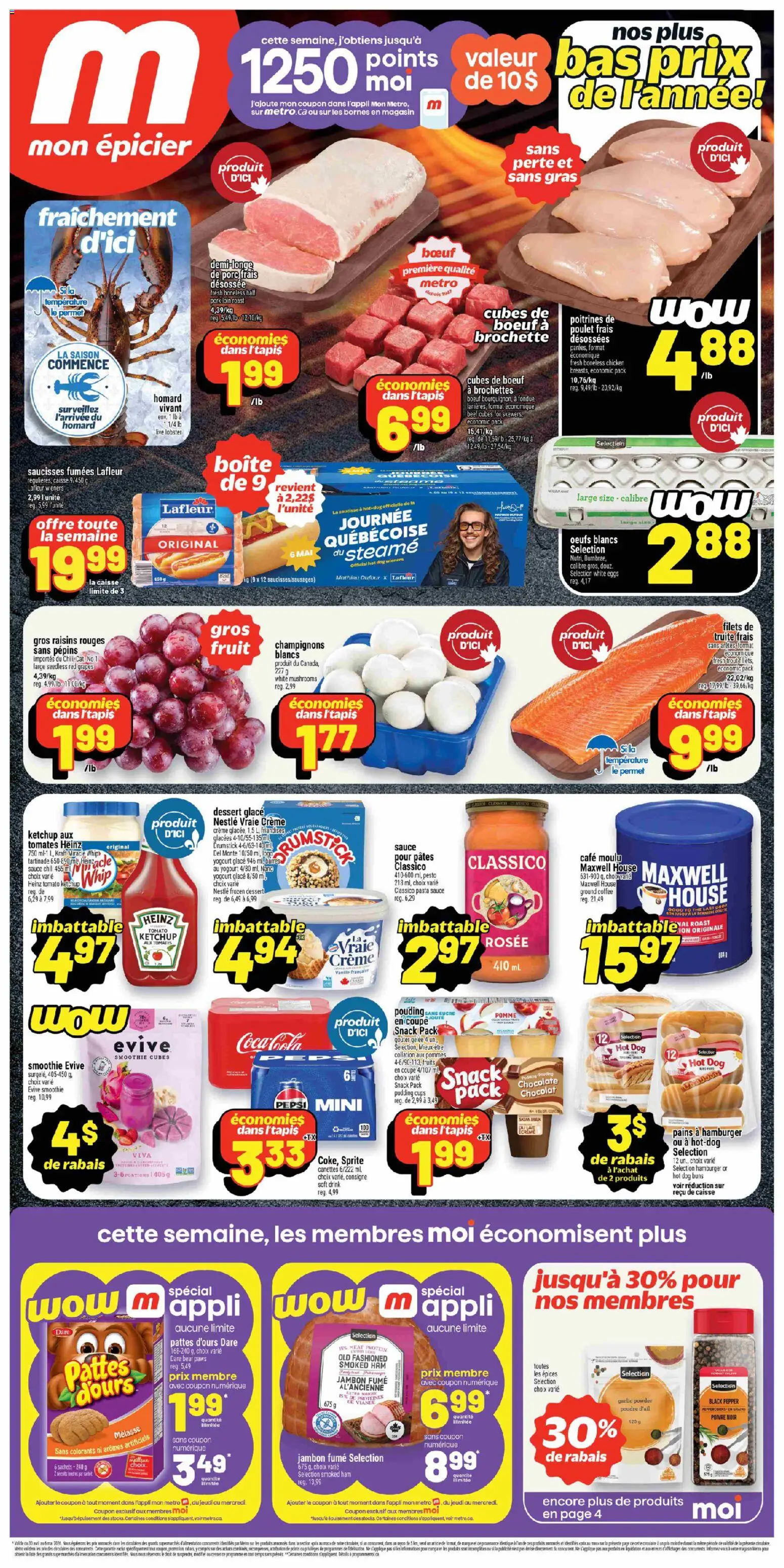 Preview of leaflet Metro circulaire - Aurora from shop Metro is valid from Apr 30, 2026 - Chicken, Pork, Trout, Roast, Raisins, Grapes, Ketchup, Pudding