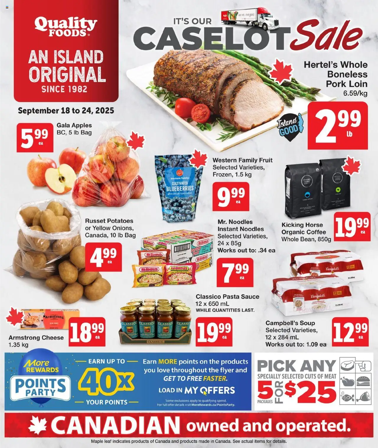 Preview of leaflet Weekly flyer / circulaire from shop Quality Foods is valid from Sep 18, 2025 - Coffee, Apples, Pasta, Fruit, Cheese, Blueberries, Potatoes, Pork loin