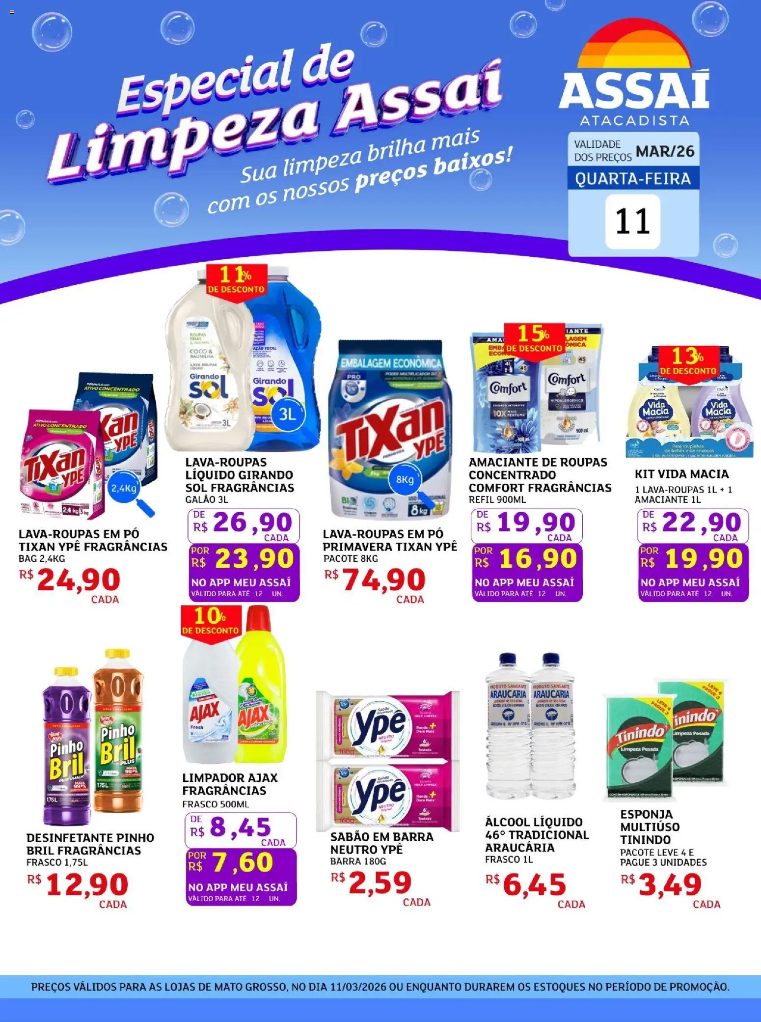 Pré-Visualização do folheto "Assaí Atacadista ofertas - MT" da loja Assaí Atacadista válido a partir de 11/03/2026 - Coco, Mala, Álcool, Desinfetante, Baunilha, Amaciante, Pó, Sabão
