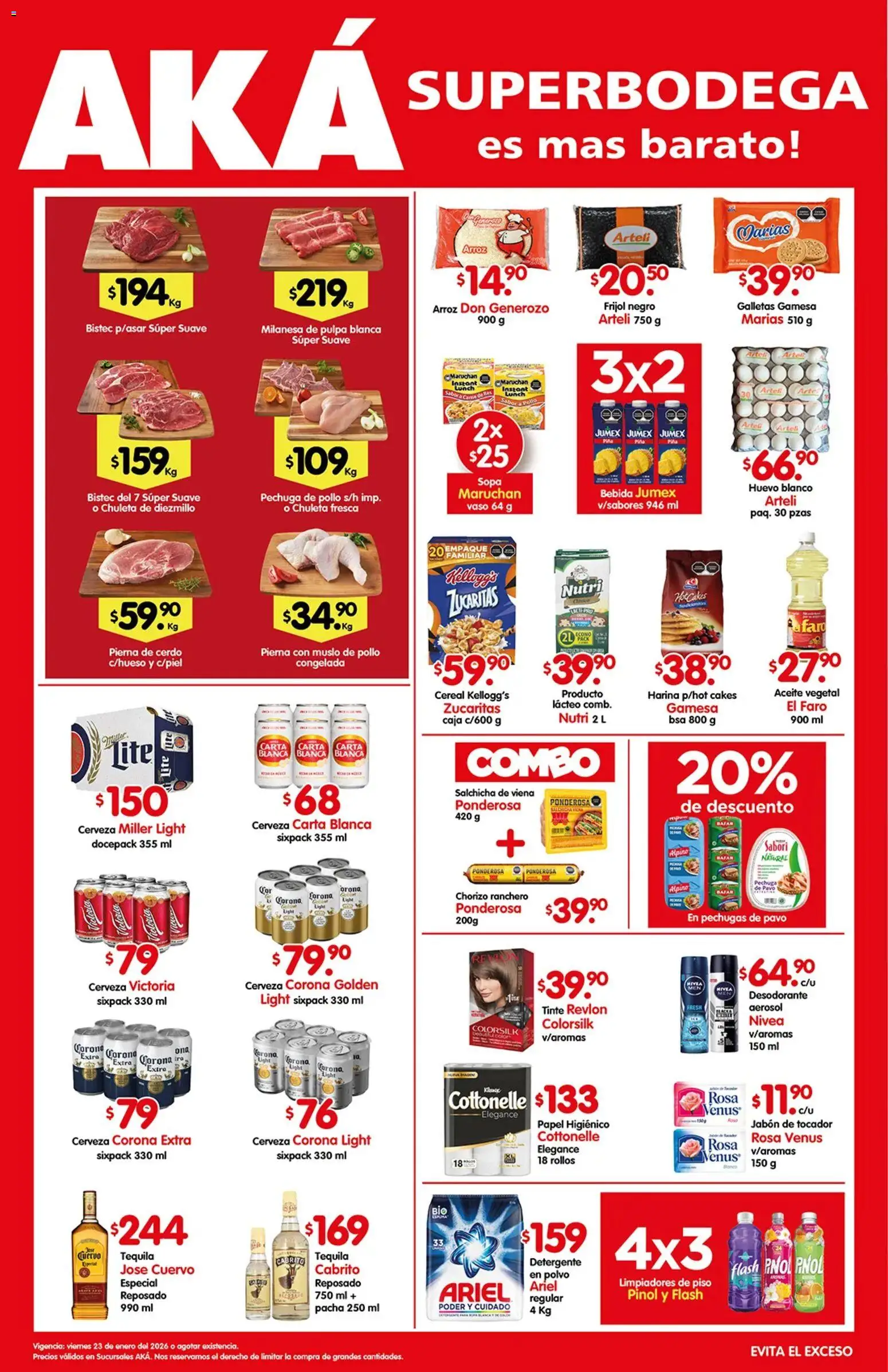 Vista previa las ofertas de la tienda Arteli - Folleto Aká Superbodegas Foraneas desde el 23/01/2026 - Galletas, Huevo, Arroz, Jabón, Cerveza Corona, Sopa, Res, Polvo