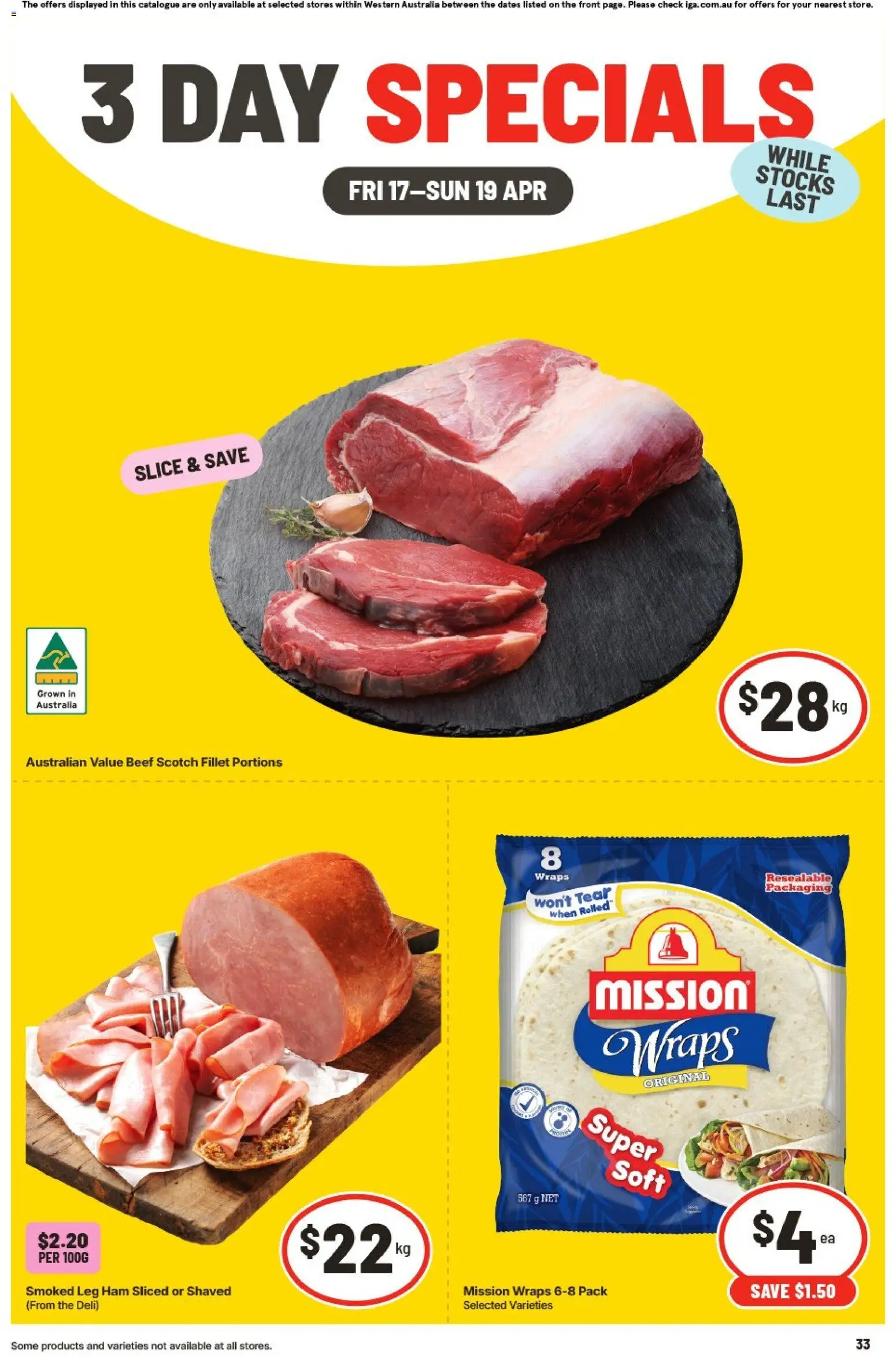 Preview of catalogue IGA 3 Day Specials WA from shop IGA valid 17/04/2026 - Ham, Beef, Scotch, Fillet