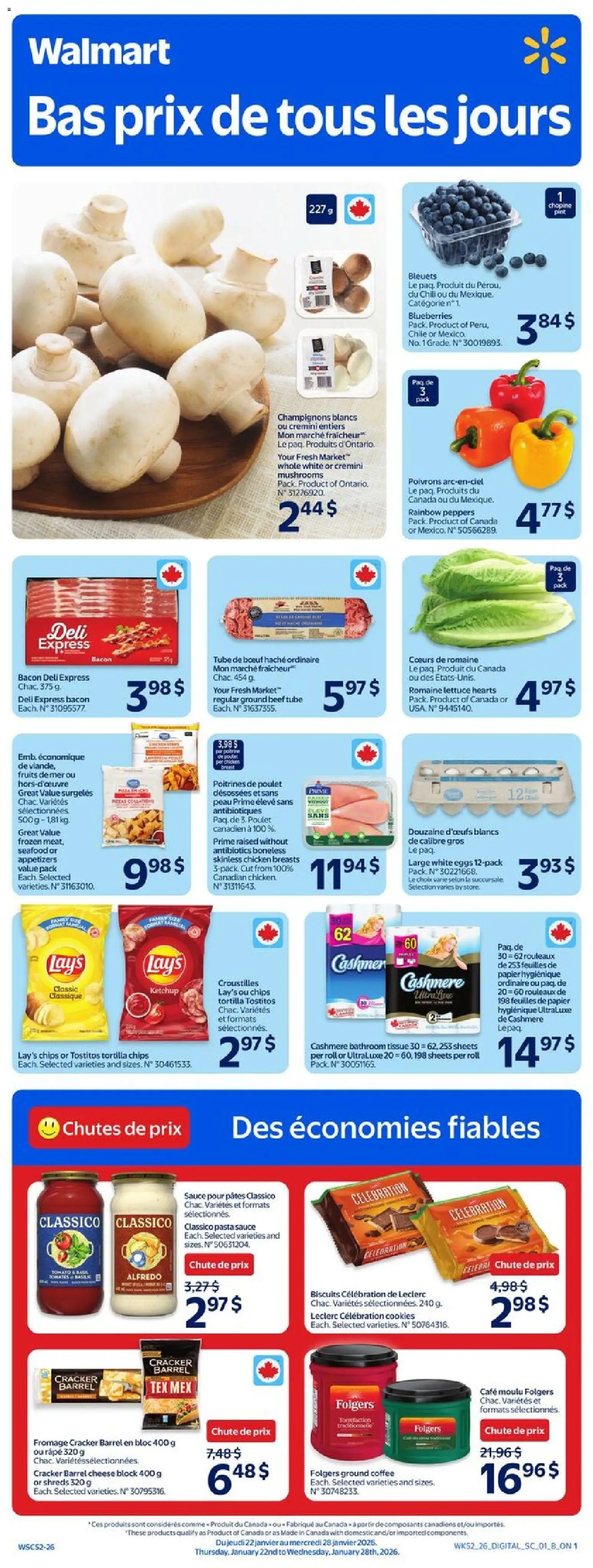 Preview of leaflet Circulaire from shop Walmart is valid from Jan 22, 2026 - Coffee, Cookies, Chili, Chips, Beef, Appetizers, Chicken breasts, Ketchup