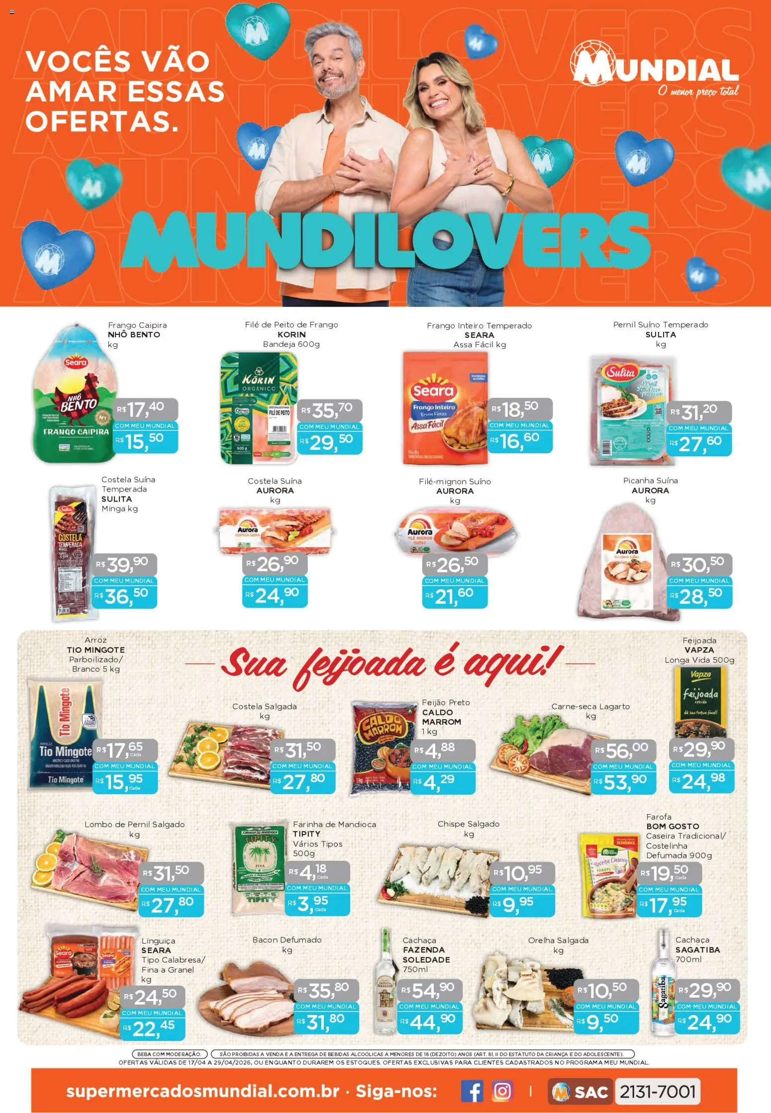 Pré-Visualização do folheto "Mundial ofertas" da loja Mundial válido a partir de 17/04/2026 - Picanha, Bebidas, Arroz, Feijão, Mandioca, Cachaça, Farinha, Frango inteiro