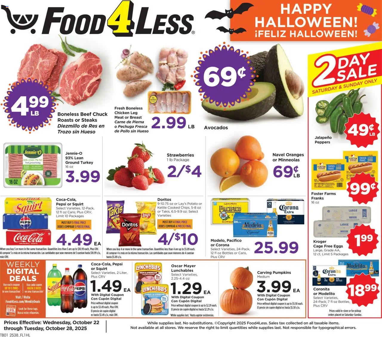 Food 4 Less Weekly Ad from 10/22/2025 - Flyer - Page number 1 - Oranges, Pepsi, Peppers, Ham, Ground turkey, Jalapeno peppers, Beef chuck, Chicken