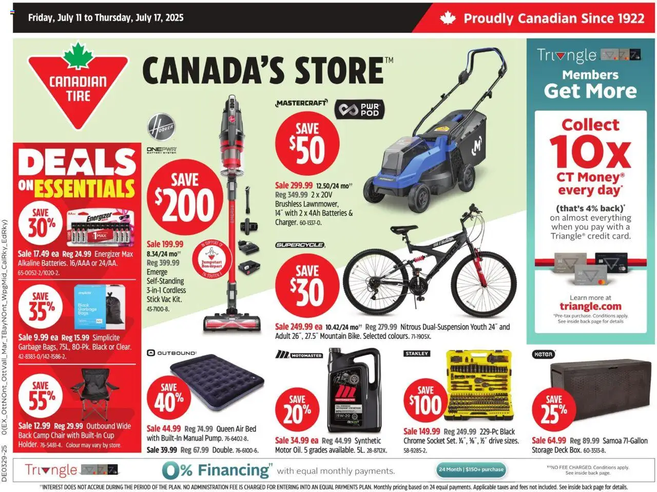 Canadian Tire flyer valid from Jul 11, 2025 - page number 1 - Bed, Batteries, Battery, Chair, Socket, Garbage bags
