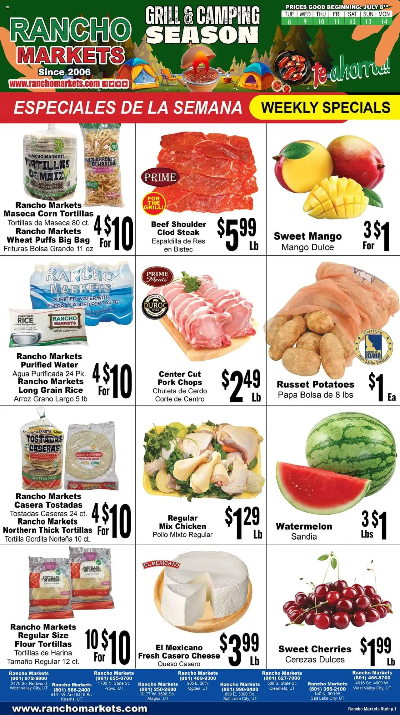 Rancho Markets Weekly Ad from 07/07/2025 - Flyer - Page number 1 - Cherries, Chicken, Pork, Beef, Salt, Watermelon, Steak, Grill
