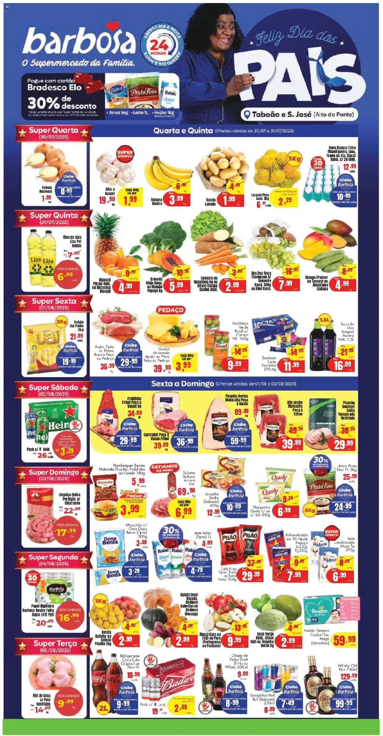 Barbosa Supermercados folheto "Ofertas Lojas Taboão e São José Alto da Ponte" válido a partir de 30/07/2025 - número de página 1 - Manga, Lasanha, Uva, Ovos, Feijão, Mussarela, Cebola, Repolho