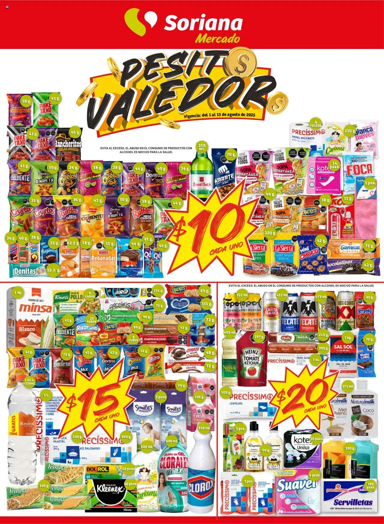 Pesito Valedor Mercado Nacional Soriana y sus promociones válidas desde el 01/08/2025 - Número de página 1 - Pollo, Coco, Tomate, Vitaminas, Avena, Papel higiénico, Lentejas, Servilletas