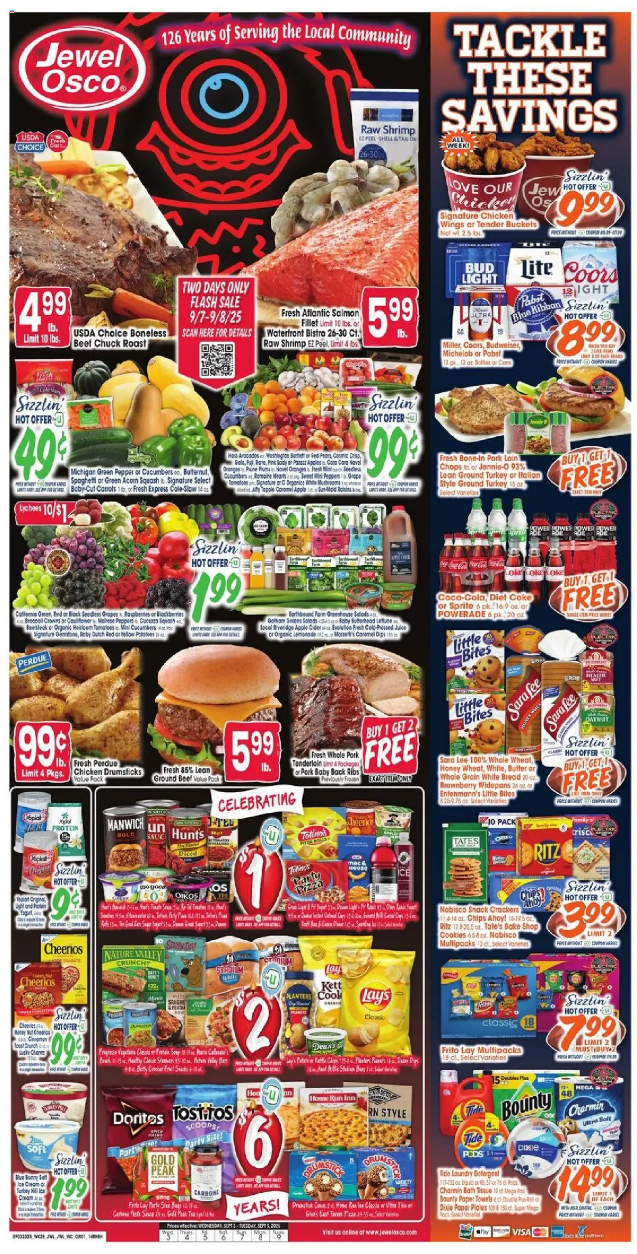 Jewel Osco Weekly Ad - IL from 09/03/2025 - Flyer - Page number 1 - Pizza, Shrimp, Carrots, Lettuce, Crackers, Bath, Pork, Raisins