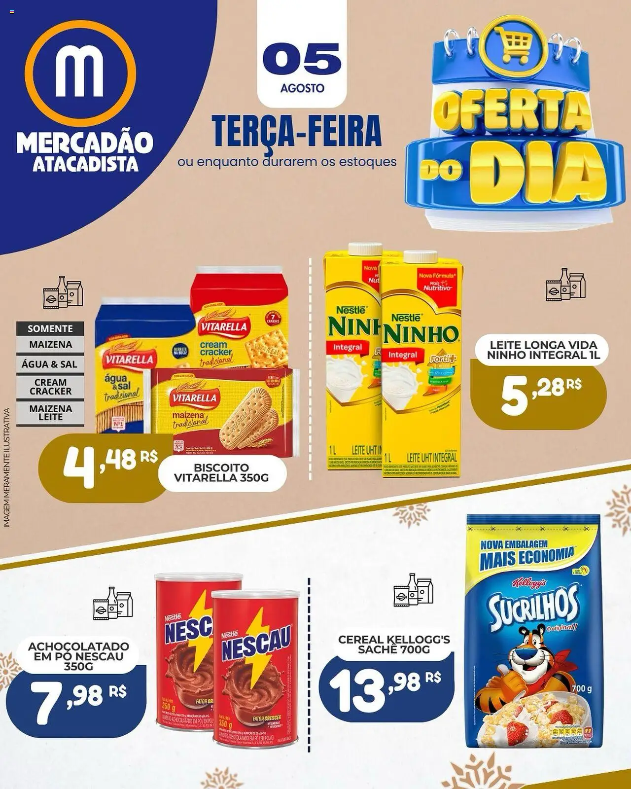 Mercadão Atacadista folheto "Ofertas do Dia" válido a partir de 05/08/2025 - número de página 1 - Água, Sal, Biscoito, Polvo, Nescau, Pó, Achocolatado, Leite longa vida