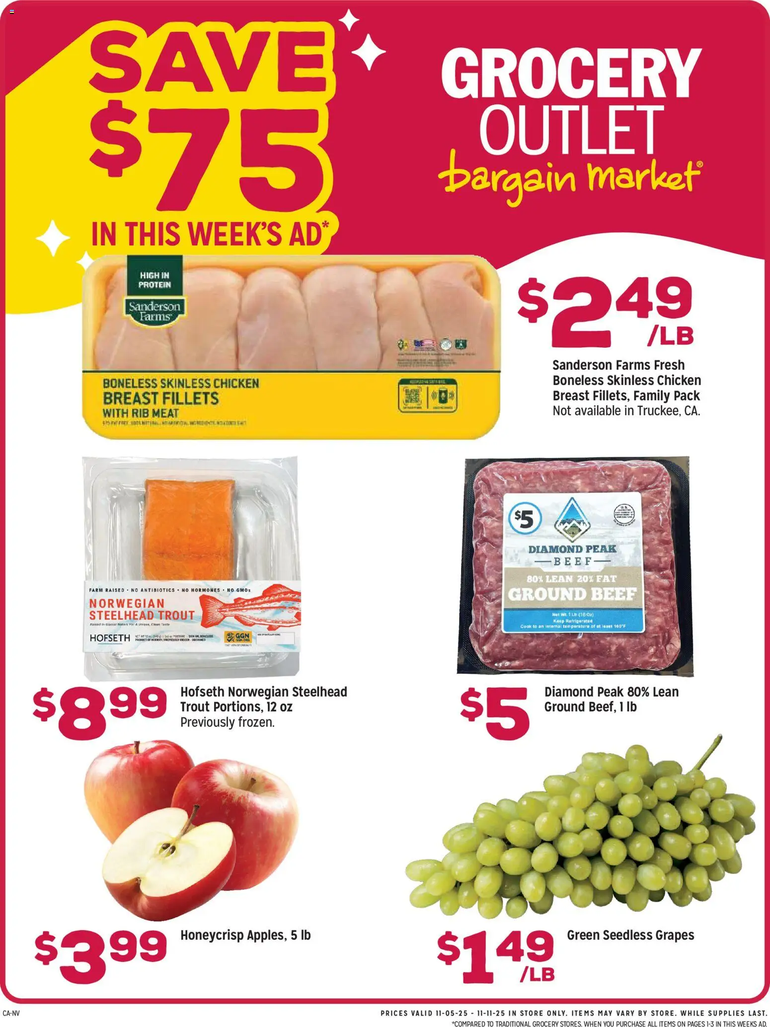 Ad Preview of Grocery Outlet Weekly Ad - CA from 11/05/2025 - Protein, Meat, Grapes, Beef, Ground beef, Trout, Seedless grapes, Chicken breast fillets